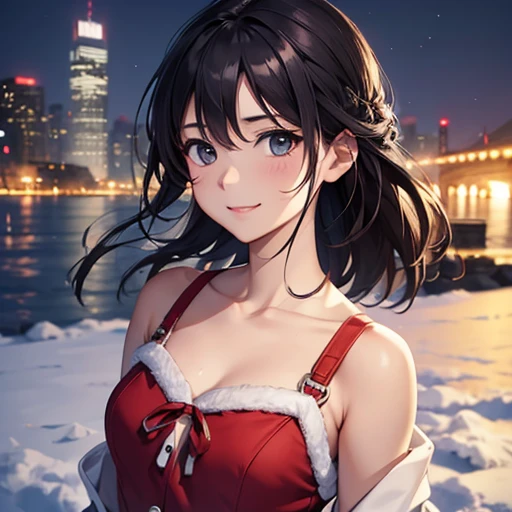 a beauty girl、Dressed as Santa、big gift、big eye、Moist eyes、tiny chest、a smile、Night city、City of Snow、The World of Makoto Shinkai