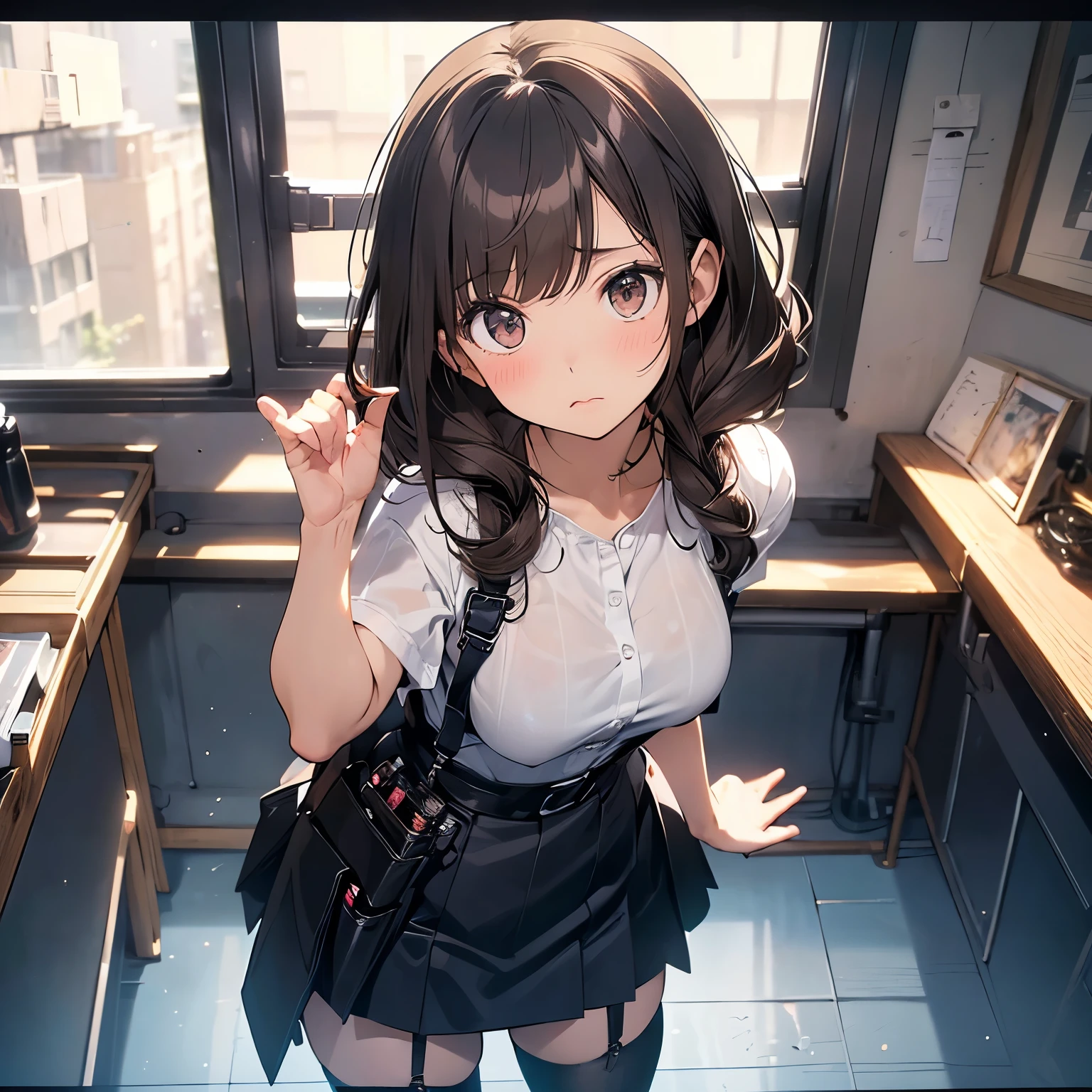 Brown hair、watching at viewers black suspenders Bulging big breasts walls: Black miniskirt garters Gaze Small face bangss holster Beautuful Women hands up レッグholster ベッドに横たわる Gaze black boots panty shot provocation flank flank汗 soio arm