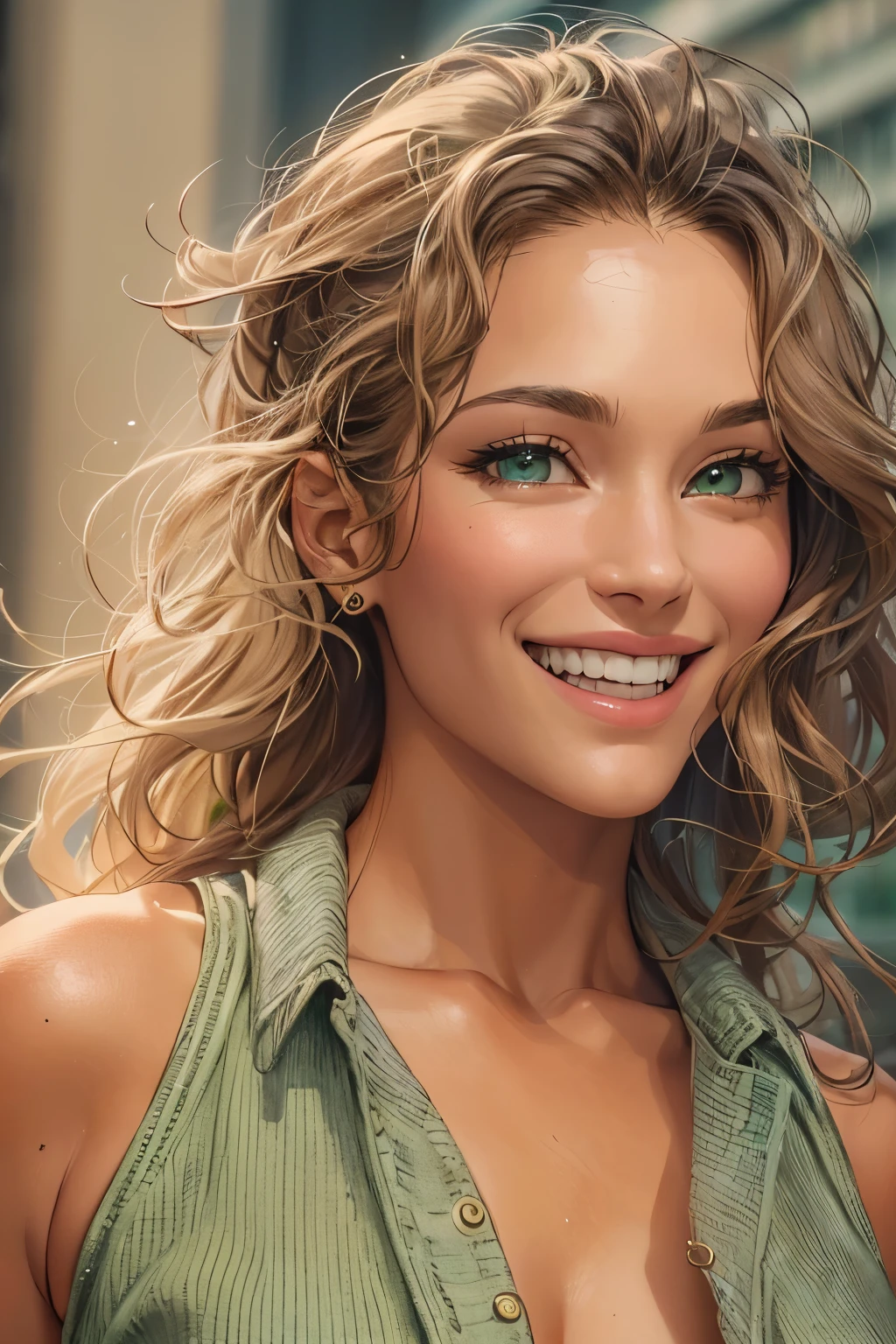Female((30-years old)), hair((Wavy, Golden brown)), Eyes((smart Eyes, Green)), Clothes((New York Fashion Week, light Green)), Smiling, Breast Out, Ponytail, Accessories,