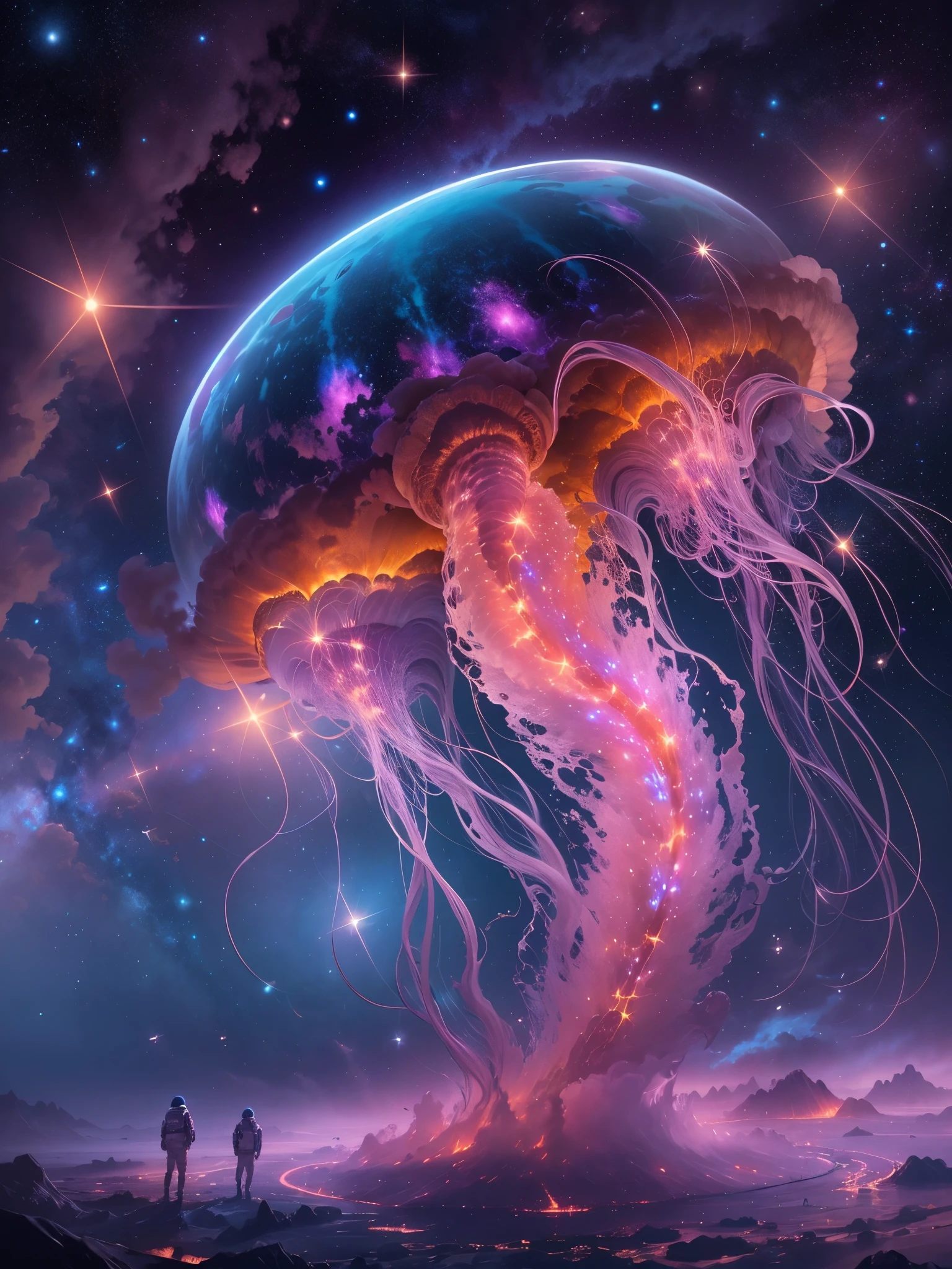 space flight，Astronaut observes glowing jellyfish floating in the Milky Way, Charming and magical, magnificent and colossal proportions, Emits vibrant ionized light. (Best quality, A high resolution:1.2), ultra - detailed, realistically:1.37, Ethernet media, Galactic Vortex，sparkling celestial creature, otherworldly beauty, bioluminescent glasses, a cosmic jellyfish, vivd colour, interstellar luminosity