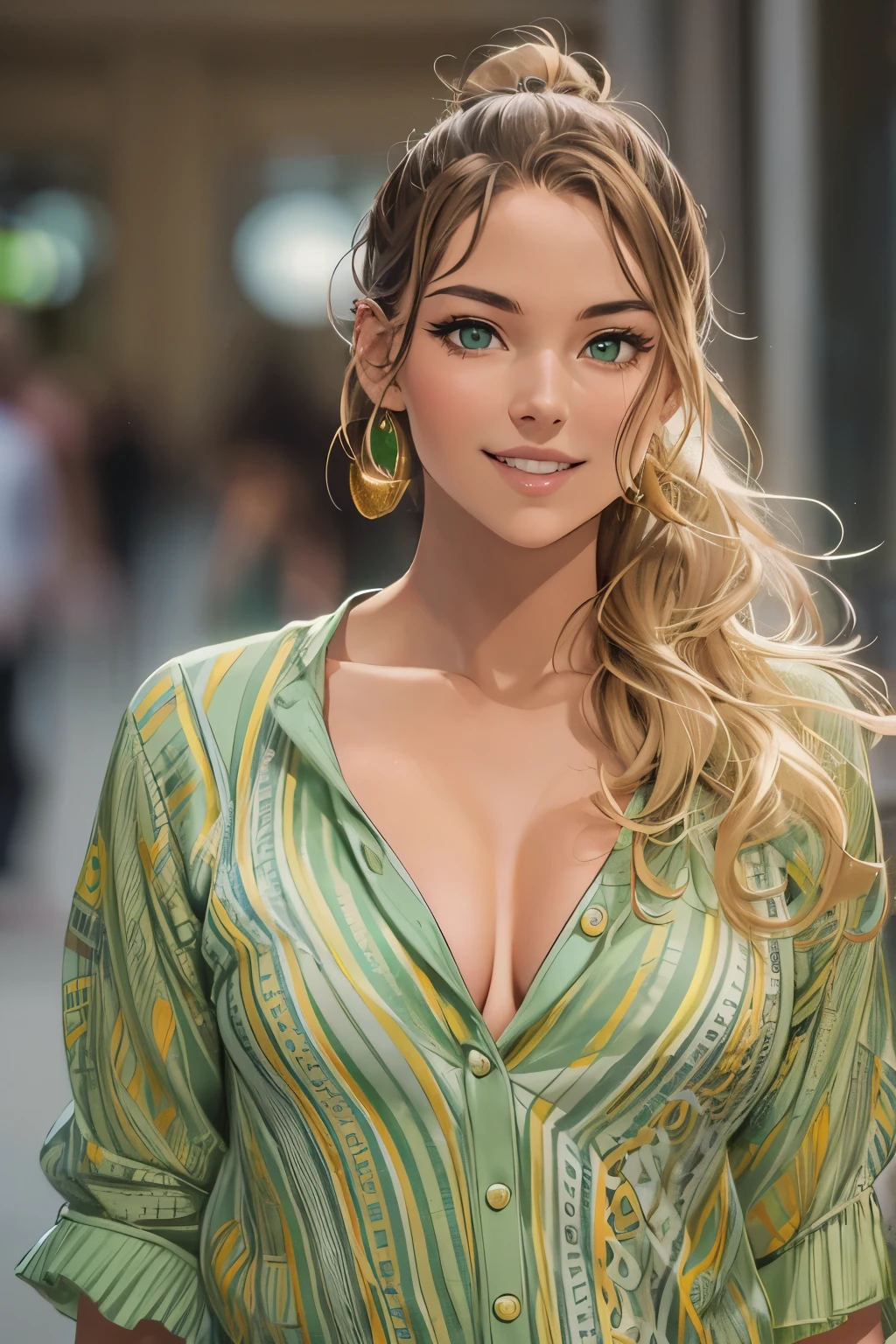 Female((30-years old)), hair((Wavy, Golden brown)), Eyes((smart Eyes, Green)), Clothes((New York Fashion Week, light Green)),  Smiling, Breast Out, Ponytail, Accessories,