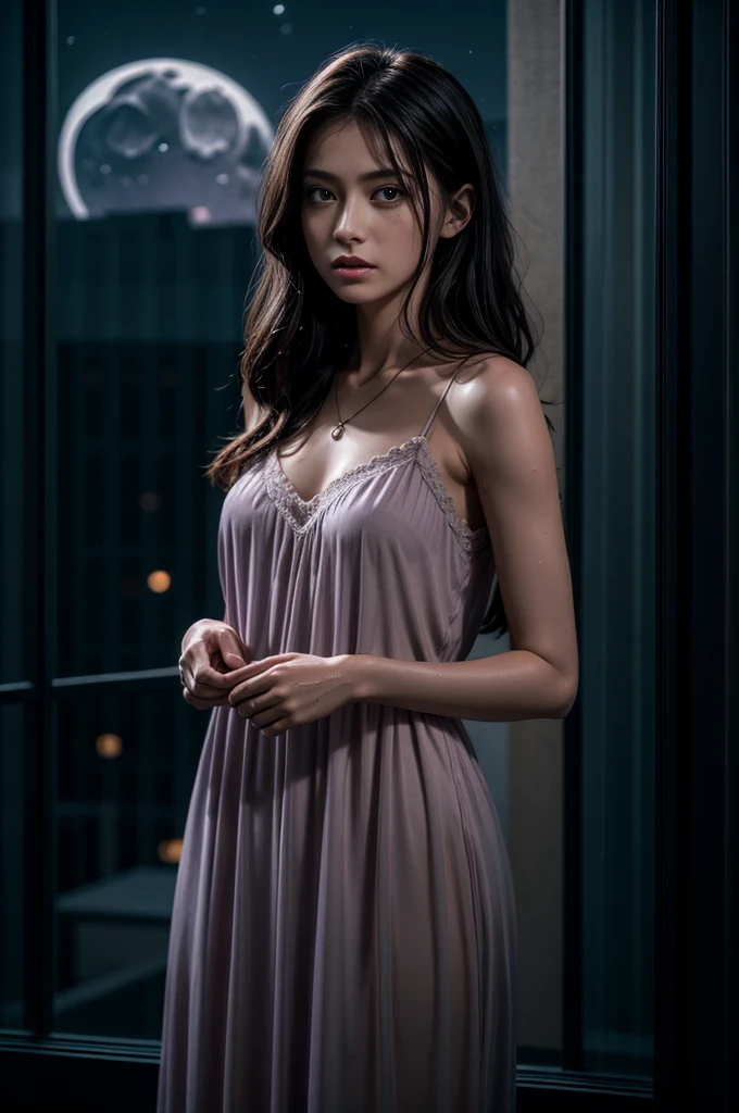 (Photoreal Stick:1.5, masutepiece:1.5, 8K), (top-quality, masterpiece, 超A high resolution), Perfect dynamic composition, Professional camera work:1.4, Highly detailed skin and facial texture:1.3, Mystical portrait:1.3, Grow Light Effect, The ultra-detailliert, 1girl in, ((Night view from the rooftop, The moonlight at night illuminates my body)), (light silver nightgown), Model body type, Clear face, (Beautiful and seductive eyes:0.9, Enraptured look:1.0, i love you completely:0.8, A mouthfeel that feels beautiful eros:0.7), (Wet dark brown medium hair), candles, the chest is medium, a necklace, (Leaning against the window, Sit up), ((Bombshell, seductiv, Functional, blows wind))