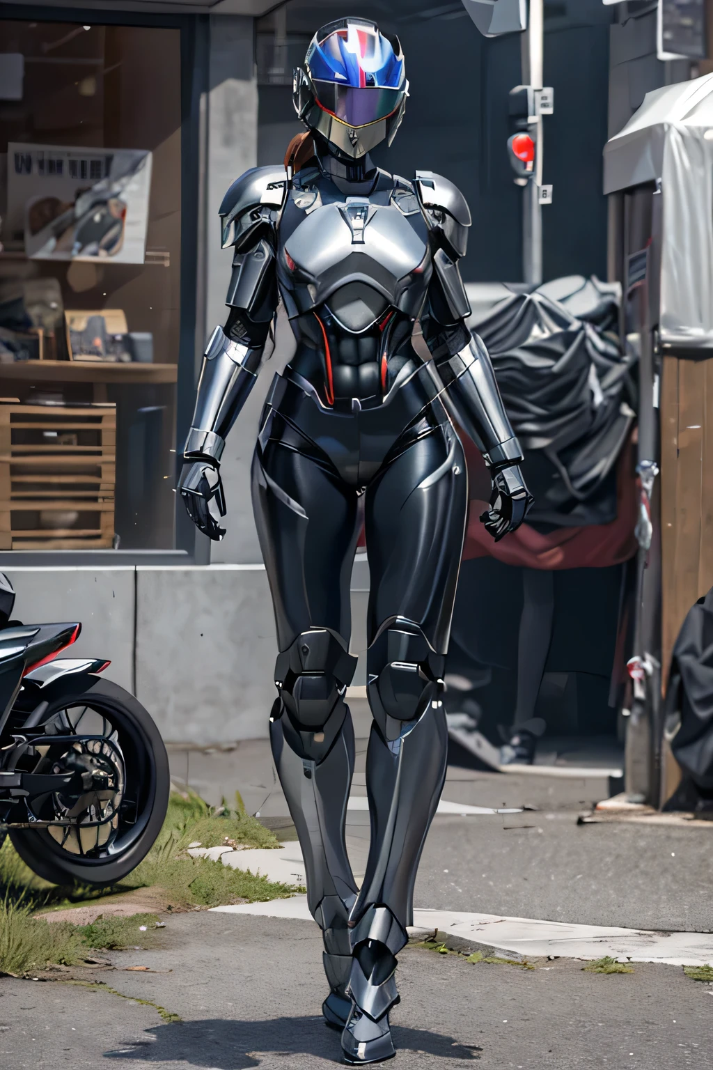 female robocop solo、Armor that completely covers the whole body、very large armor、Helmet to hide your eyes、Rainbow Armor、Armor that completely covers the chest、Slender and long legs、Vibrant Posel Body View