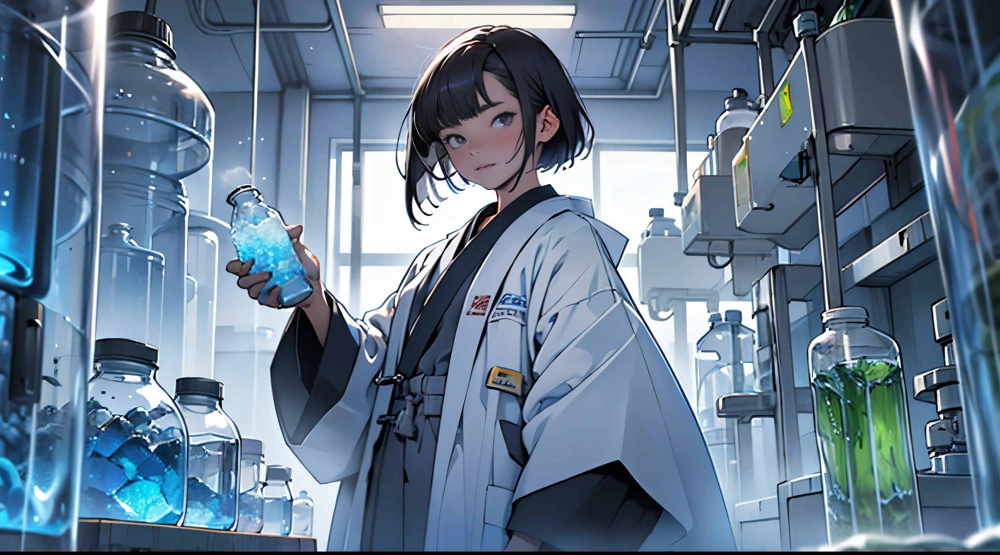 Girl with a dark bob in a robe, Scientist in a white lab coat stands in front of laboratory equipment, holding in his hands a small bag of shimmering blue sea crystals., laboratory, filled with tubes, bottles, and equipment , Best Quality, Masterpiece, super detaill, High Details, (superb quality)