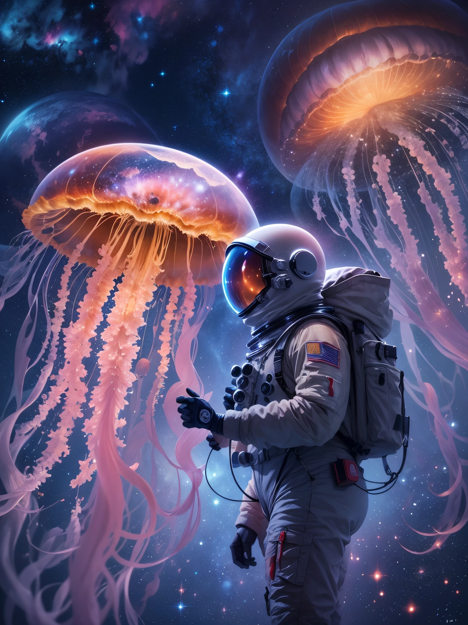 space flight，Astronaut observes glowing jellyfish floating in the Milky Way, Charming and magical, magnificent and colossal proportions, Emits vibrant ionized light. (Best quality, A high resolution:1.2), ultra - detailed, realistically:1.37, Ethernet media, Galactic Vortex，sparkling celestial creature, otherworldly beauty, bioluminescent glasses, a cosmic jellyfish, vivd colour, interstellar luminosity