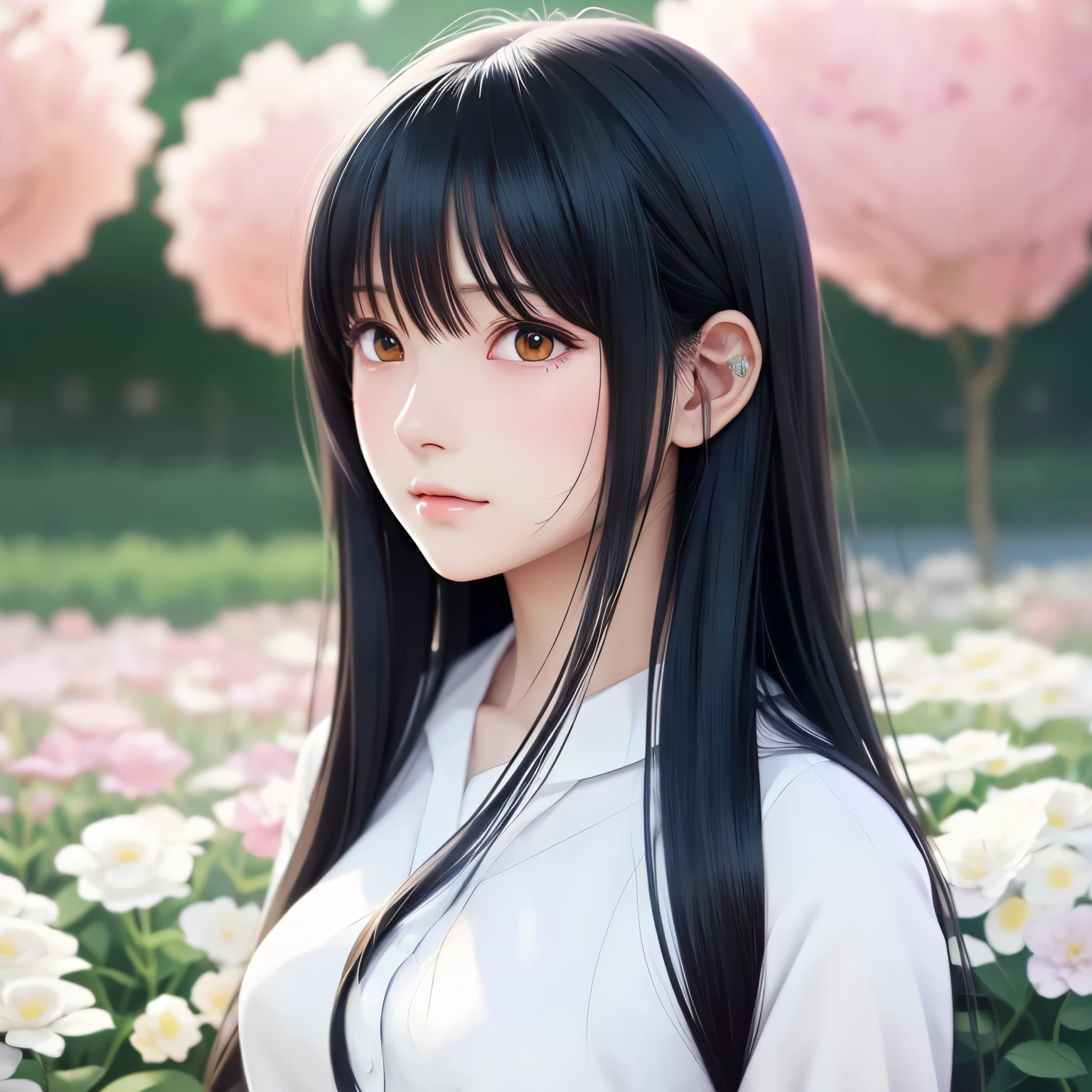 Anime girl with long black hair and a white shirt in front of flowers, anime moe art style, Anime visuals of cute girls, official artwork, kawaii realistic portrait, Smooth Anime CG Art, close up iwakura lain, Beautiful Anime Portrait, Rin, digital anime illustration, iwakura lain, anime style portrait、mug cup