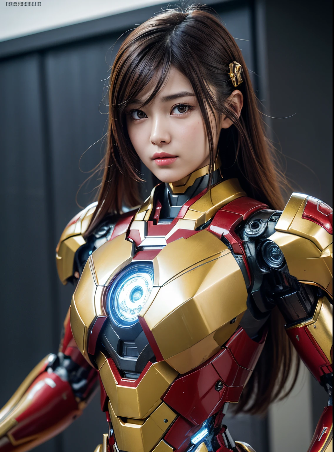 Textured skin, Super Detail, high details, High quality, Best Quality, hight resolution, 1080p, hard disk, Beautiful,(Iron Girl),beautiful cyborg woman,Mecha Cyborg Girl,Battle Mode,Girl with a Mecha Body,She wears an Iron Man mech,fully body photo