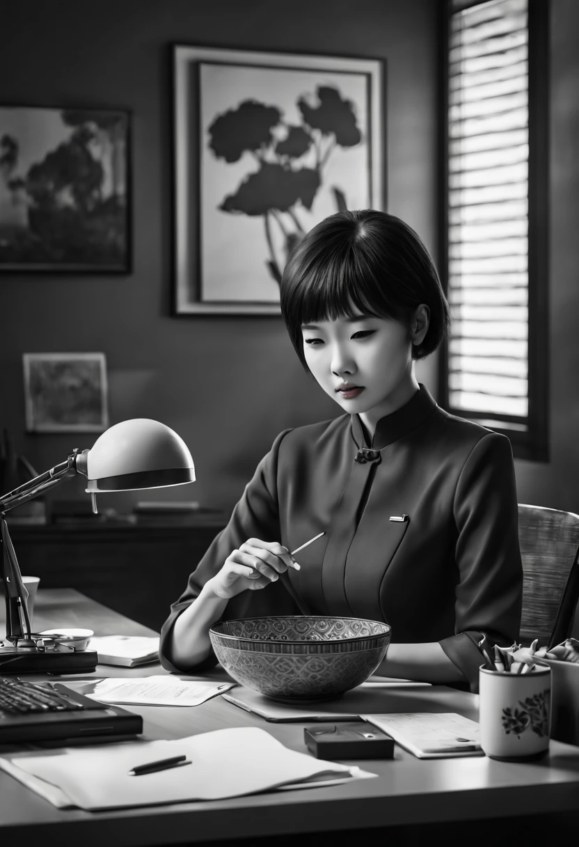 Capture the ethereal of light and shadow in a stunning monochromatic photograph with selective color details of Asian office lady with bowl_cut, revealing the hidden poetry of desk files, computer, (realistic, photorealistic, RAWphoto:1.4), octane render, (best quality, masterpiece, Representative work, official art, Professional, unity 8k wallpaper:1.3)