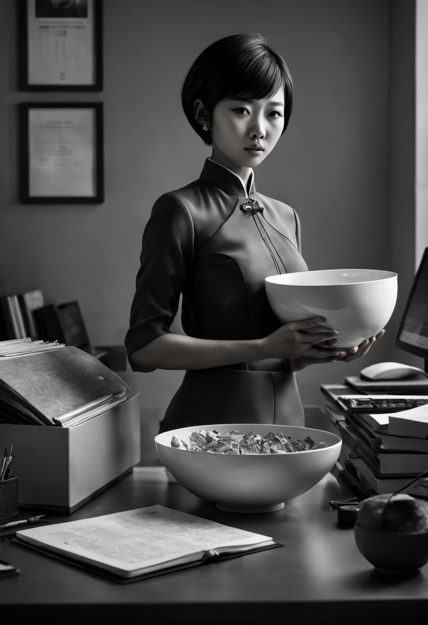 Capture the ethereal of light and shadow in a stunning monochromatic photograph with selective color details of Asian office lady with bowl_cut, revealing the hidden poetry of desk files, computer, (realistic, photorealistic, RAWphoto:1.4), octane render, (best quality, masterpiece, Representative work, official art, Professional, unity 8k wallpaper:1.3)