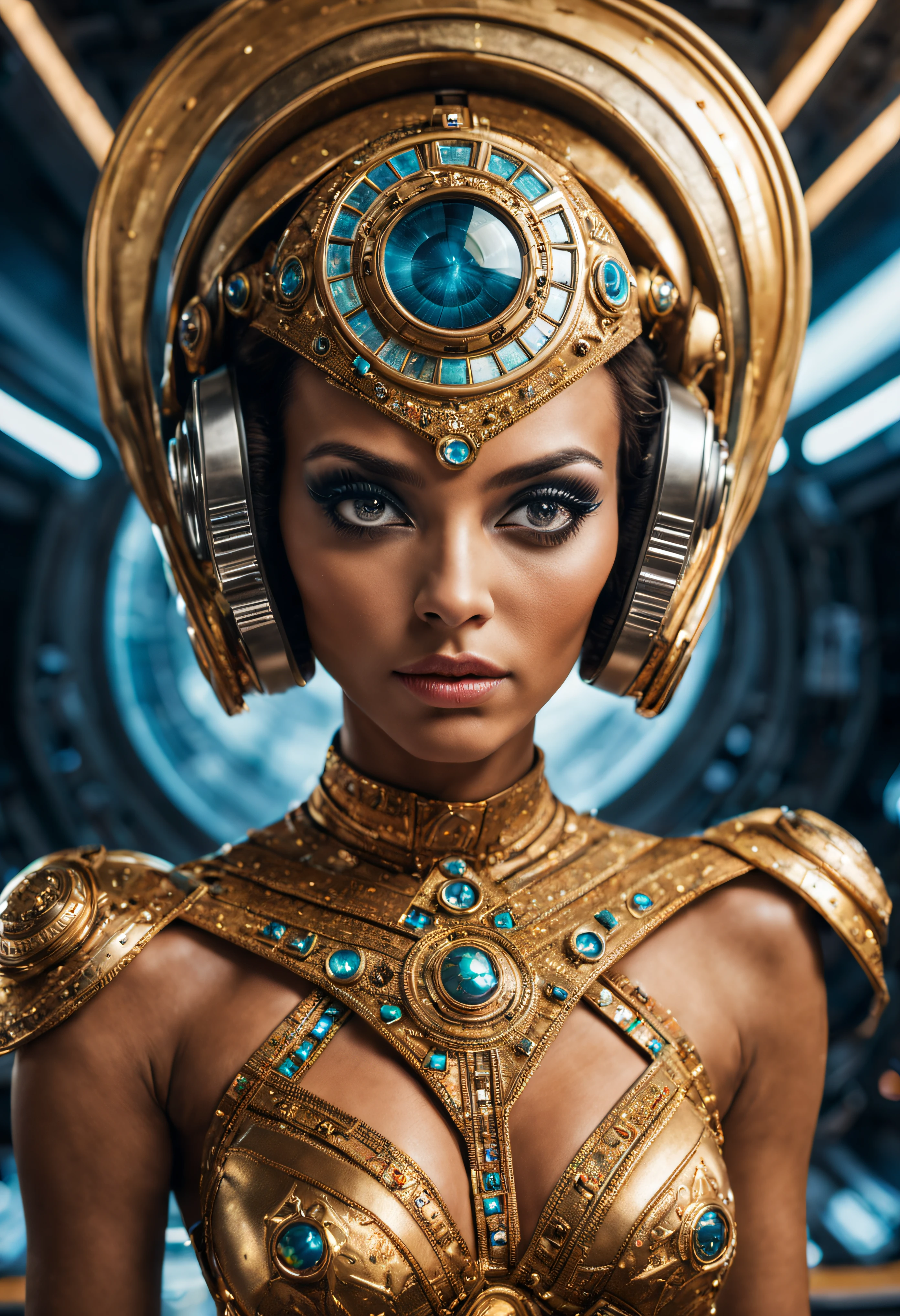 hembra alienigena extraterrestre de ojos grandes cara agradable de otro planeta cuerpo escultural atletica y voluptuosa, vestida de traje de noche corto, engarzado con oro refulgente, priedras preciosas de colores y diamantes, (se encuentra en centro de control de estacion espacial),detalles intrincados de la maquina de alta calidad), estilo cinematografico, nitidez absoluta, imagen 8k.(obra maestra).fondos de pantalla, ultra detallado.