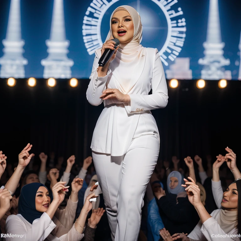 a beautiful hijab-wearing girl in a purple dress standing in the middle of a BTS concert, holding a lightstick, intricate details, masterpiece, (best quality,8k,highres,extremely detailed:1.4),ultra-detailed,(realistic,photorealistic:1.37),vibrant colors,dramatic lighting,concert atmosphere,stage in background,crowd cheering,immersive experience