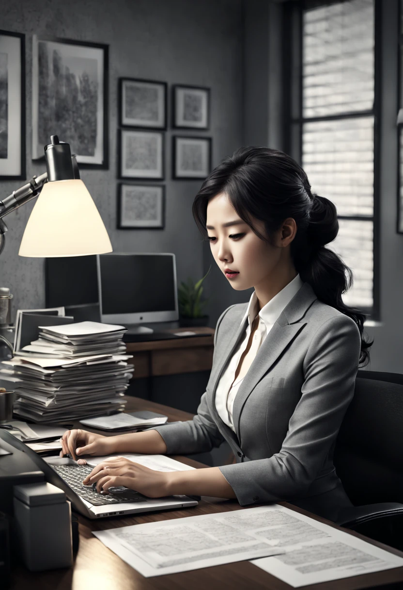 Capture the ethereal of light and shadow in a stunning monochromatic photograph with selective color details of Asian office lady with layered_cut, revealing the hidden poetry of desk files, computer, (realistic, photorealistic, RAWphoto:1.4), octane render, (best quality, masterpiece, Representative work, official art, Professional, unity 8k wallpaper:1.3)