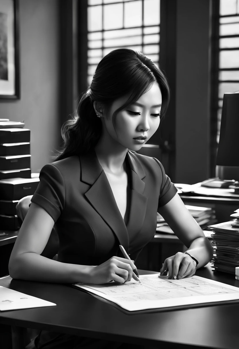 Capture the ethereal of light and shadow in a stunning monochromatic photograph with selective color details of Asian office lady with layered_cut, revealing the hidden poetry of desk files, computer, (realistic, photorealistic, RAWphoto:1.4), octane render, (best quality, masterpiece, Representative work, official art, Professional, unity 8k wallpaper:1.3)