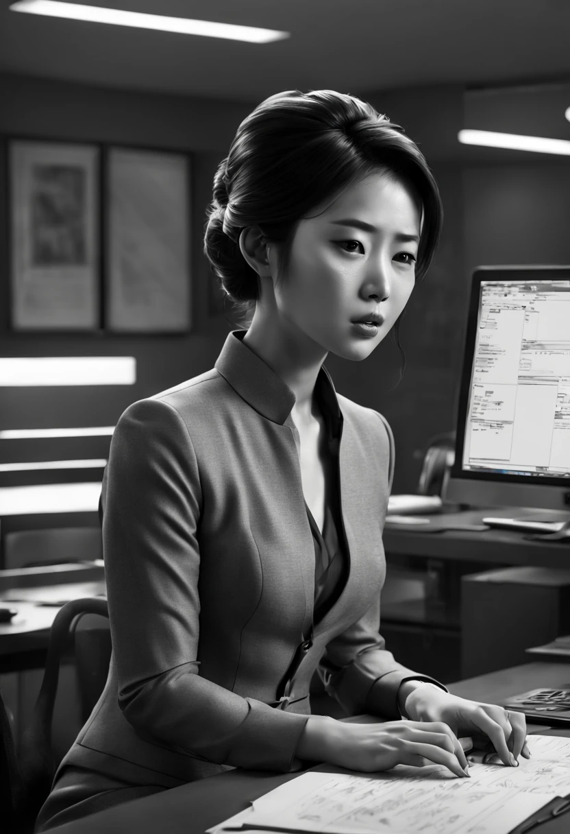 Capture the ethereal of light and shadow in a stunning monochromatic photograph with selective color details of Asian office lady with layered_cut, revealing the hidden poetry of desk files, computer, (realistic, photorealistic, RAWphoto:1.4), octane render, (best quality, masterpiece, Representative work, official art, Professional, unity 8k wallpaper:1.3)