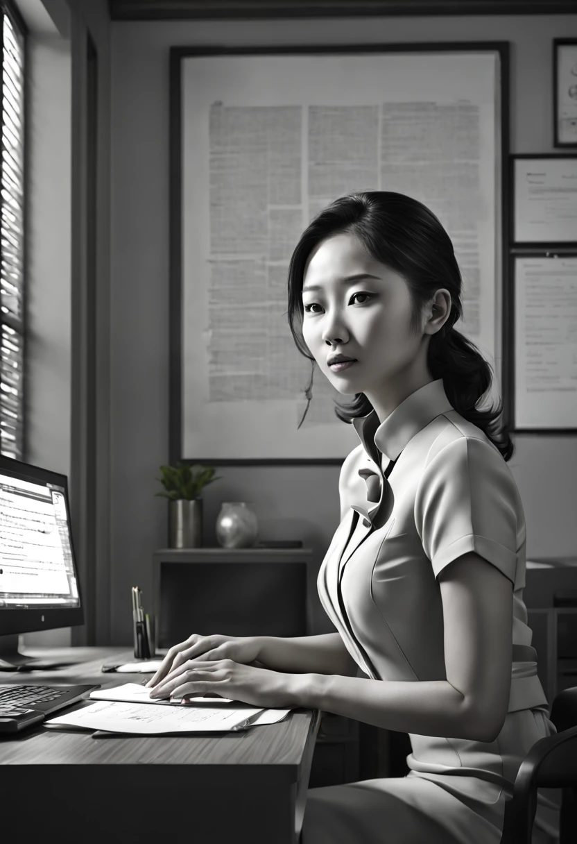 Capture the ethereal of light and shadow in a stunning monochromatic photograph with selective color details of Asian office lady with layered_cut, revealing the hidden poetry of desk files, computer, (realistic, photorealistic, RAWphoto:1.4), octane render, (best quality, masterpiece, Representative work, official art, Professional, unity 8k wallpaper:1.3)