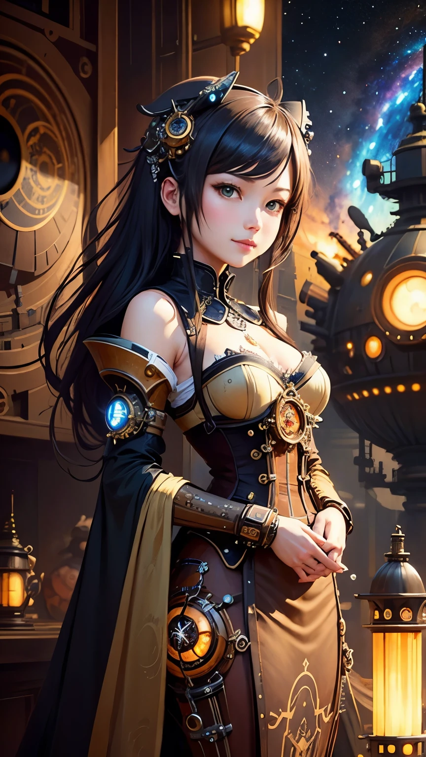 Masterpiece。top-quality。ren。excessive details。steampunkai。One lady。Meek look。A slight smil。Observing a huge galaxy using a mysterious observation device。