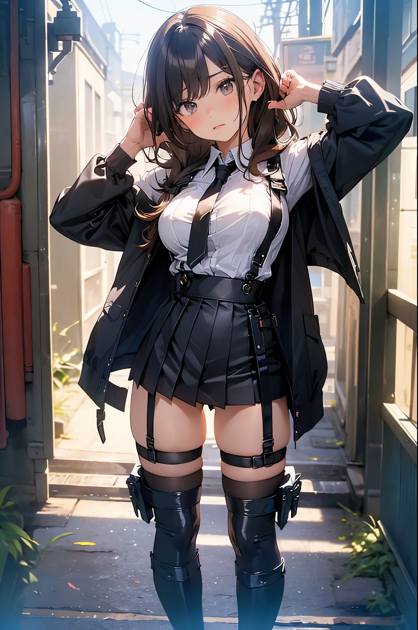 Brown hair、watching at viewers black suspenders Bulging big breasts walls: Black miniskirt garters Gaze Small face bangss holster Beautuful Women hands up レッグholster ベッドに横たわる Gaze black boots panty shot provocation flank flank汗 soio arm