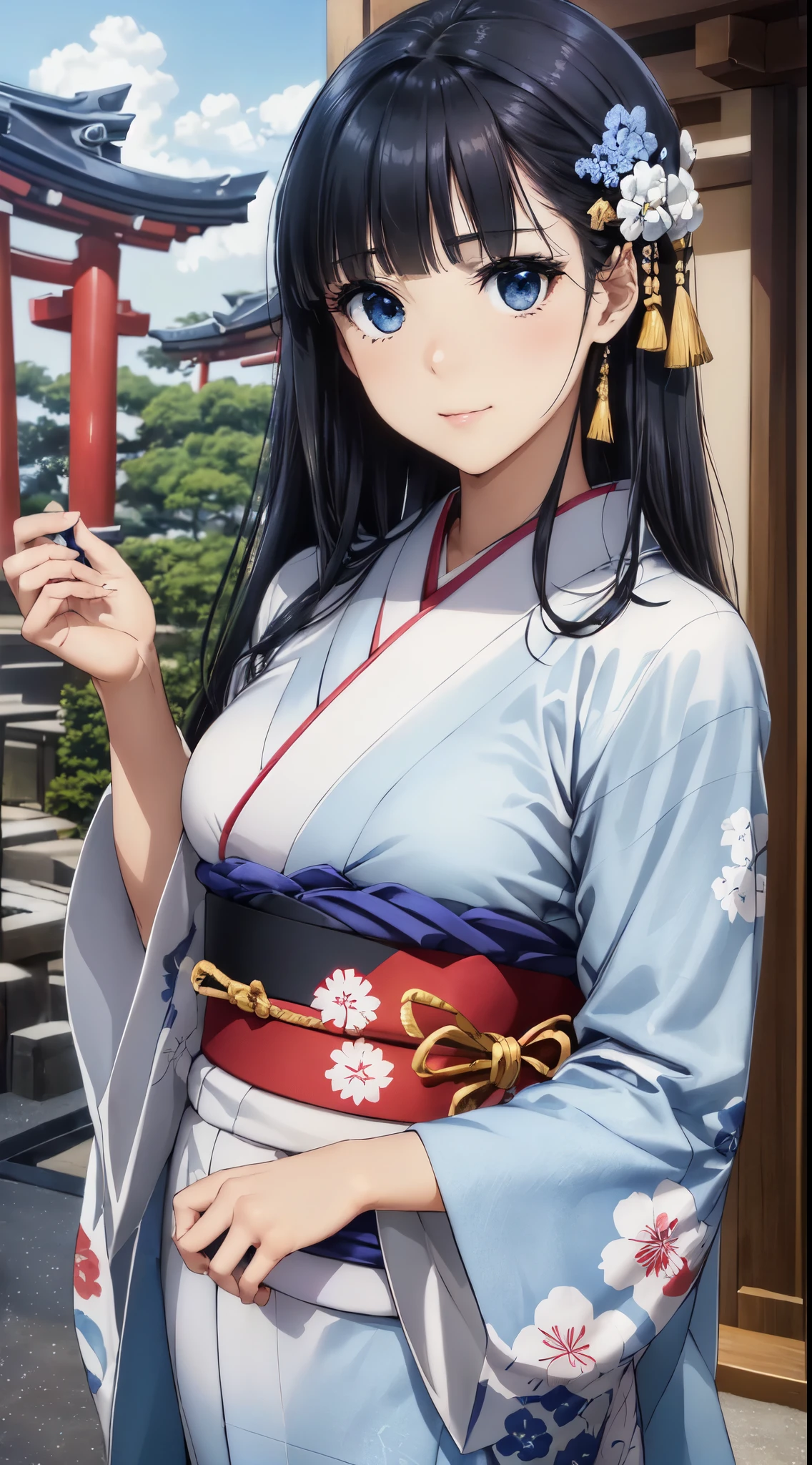 (masterpiece:1.5),(very precise details,Ultra High Resolution:1.4),the Extremely Detailed CG Unity 8K Wallpapers,(Realistic,Photorealsitic,hyper realisitic:1.5),(Hair is medium straight:1.4),(anime eyes,shinny eyes:1.3),(Curve,Model,Farbe care:1.5),Very beautiful face,Beautiful breasts,Farbe_aberration,beautiful detailed shadow,Beautiful eyes,Beautiful body,Beautiful skin,beautifull hands,(White and blue floral long-sleeved kimono,japanese kimono:1.5),(white and gold kimono obi:1.4),(new year shrines:1.4),plein air,shrines,(An attractive illustration of an 18-year-old young woman wearing neat Japanese clothes:1.4),(japanes:1.3),(white hair ornament:1.4),(Beautiful standing figure,standing straight,(A dark-haired,Black eye,Medium straight hair:1.4),(Tsuriformes:1.4),(Thin Eyes:1.4),Detailed long hair,with exquisite details, 彼女のCurveを強調する、Leaves little to the imagination, cascading down her shoulders,(gently smiling:1.3),(A dark-haired:1.4),(Blunt bangs:1.4),(Seductive look:1.4),(Bangs are the same length:1.3),