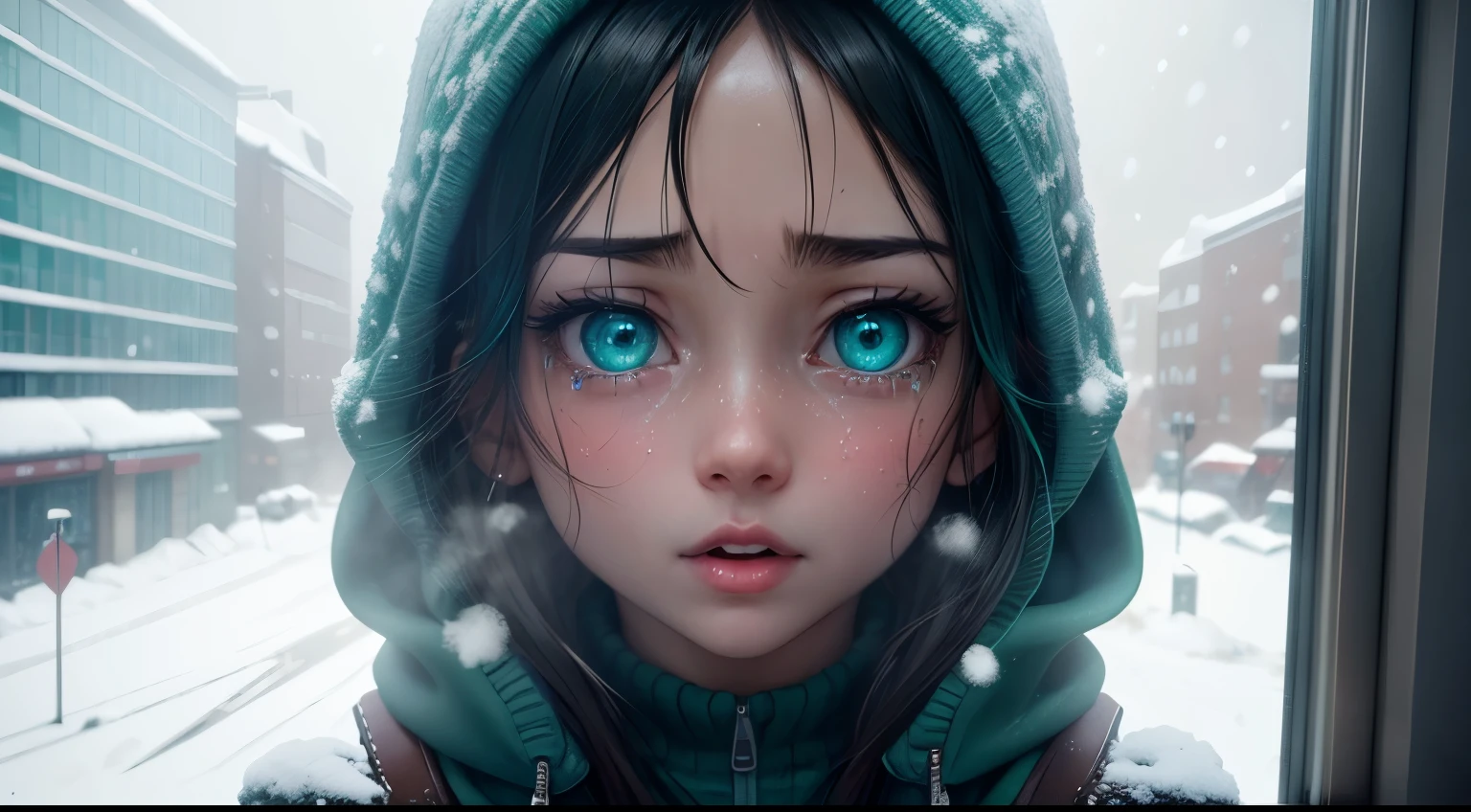(crying,anime girl,blue-green eyes,big window view,snow,city street),ultra-detailed,highres,physically-based rendering,studio lighting,vivid colors,portrait,sharp focus,horror