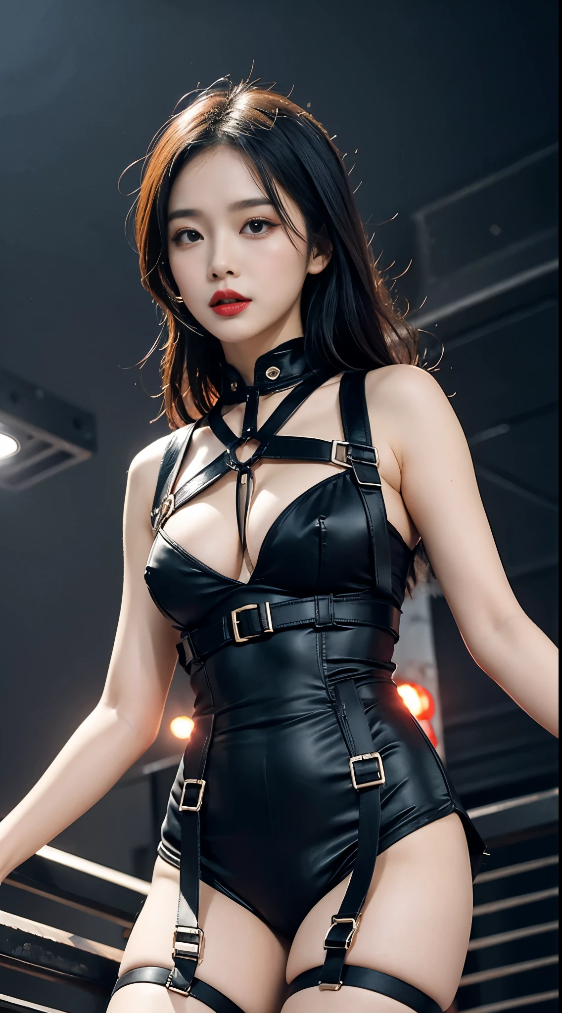 Beautiful Girl, Korean makeup, Red lips, thigh, medium chest, Perfect body, harness, harness da, harness many details, Black Harness, quần thigh gives bó sat, tư thế nhảy dancer, cảnh quang sân khấu night club, LED Lights, laser, smoke,