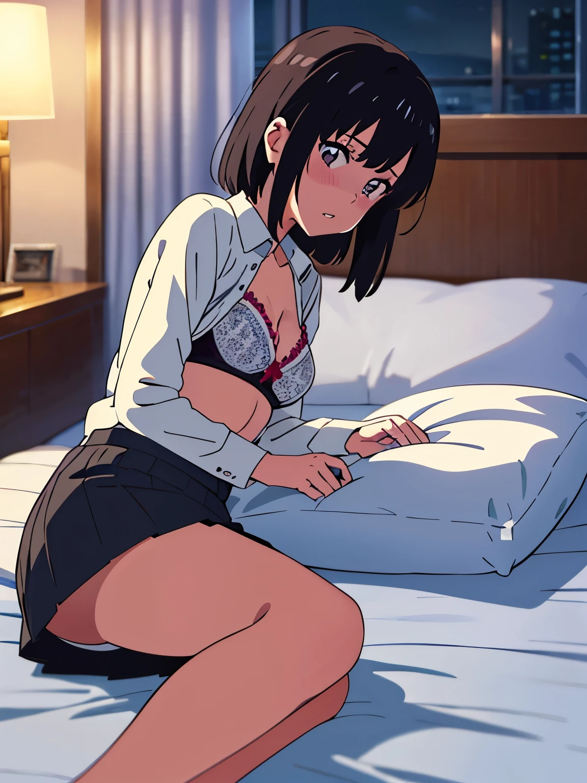 shinkai makoto, kimi no na wa., 1girl, bangs, black hair, blush, bright eyes, brown eyes, worried eyes, looking at the viewer, red headband, red ribbon, short hair, white long sleeve shirt, unbuttoned shirt, off shoulders, open shirt, white bra, medium breasts, solo, grey skirt, indoors, night, shiny skin, parted lips, beautiful, parfect anatomy, perfect hands, bed, bedroom, lying, relaxing, pillow, blanket, cushion, thigh, indoor, on side, on bed, white bra, white panties