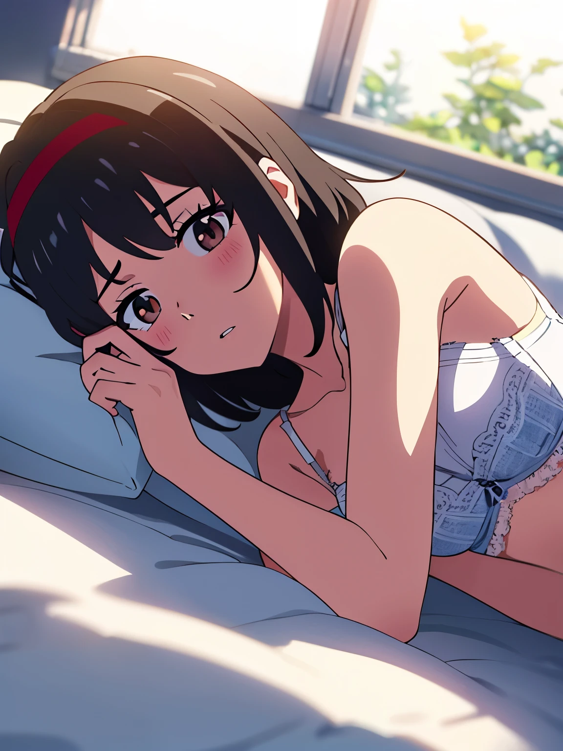 shinkai makoto, kimi no na wa., 1girl, bangs, black hair, blush, bright eyes, brown eyes, worried eyes, looking at the viewer, red headband, red ribbon, short hair, white long sleeve shirt, unbuttoned shirt, off shoulders, open shirt, white bra, medium breasts, solo, grey skirt, indoors, night, shiny skin, parted lips, beautiful, parfect anatomy, perfect hands, bed, bedroom, lying, relaxing, pillow, blanket, cushion, thigh, indoor, on side, on bed, white bra, white panties