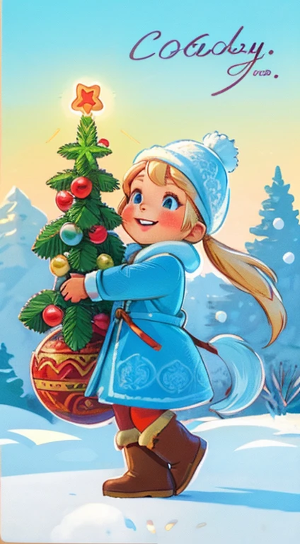 Realistic Soviet postcard "Happy new year!"; Cute young ruddy Snow Maiden in a sky blue coat with white fur, in high morocco sky blue boots, ((Without hat)), Long, slightly wavy wheat-colored hair, fluttering in the wind, against the backdrop of a beautifully decorated Christmas tree. beautiful realistic proportional round face, big shiny blue eyes, long eyelashes, Realistic texture of human skin, endearing smile, laughter, Free pose, high quality textures, higly detailed, A lot of small details of the environment, intricate detials, sharp-focus, natural lightin