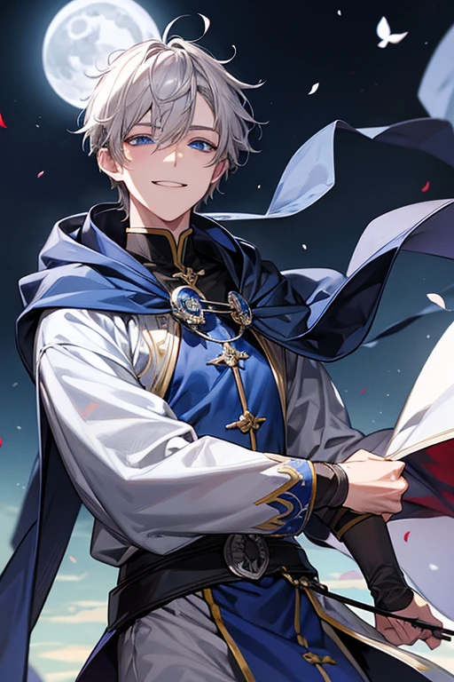 (masutepiece), (Best Quality), Highly detailed, (1 boy，独奏)，Taken from，Perfect face, Beautiful face, extra detailed face，(Gray-haired shorthair:1.3)，(happily face:1.4)，(blue eyess:1.3)，(smiling with squinting eyes:1.3)，(Hair that flutters in the wind:1.4)，(blue cloak:1.3)，Looks like it&#39;s going to disappear，(moonlight:1.3)，fleeting，Petals flutter