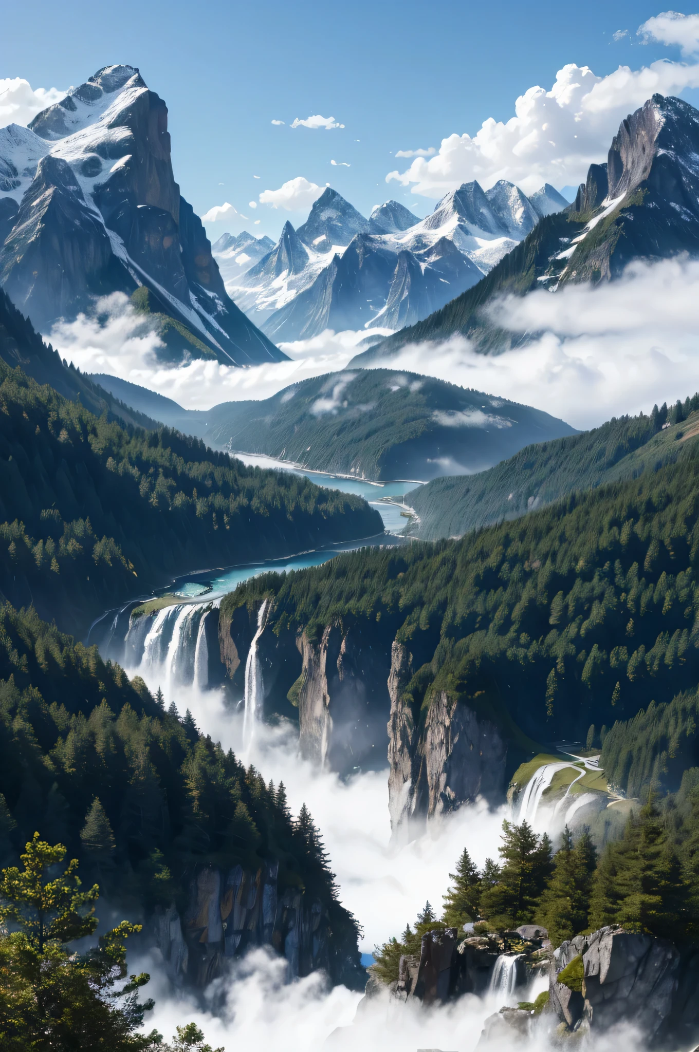(best quality,4k,8k,highres,masterpiece:1.2),ultra-detailed,(realistic,photorealistic,photo-realistic:1.37),mountaintop, breathtaking peaks, snow-capped mountains, lush green valleys, sparklingwaterfalls, serene landscapes, towering evergreen trees, vibrant flora and fauna, majestic clouds, sunlight piercing through the mist, panoramic view, tranquil atmosphere, crisp mountain air