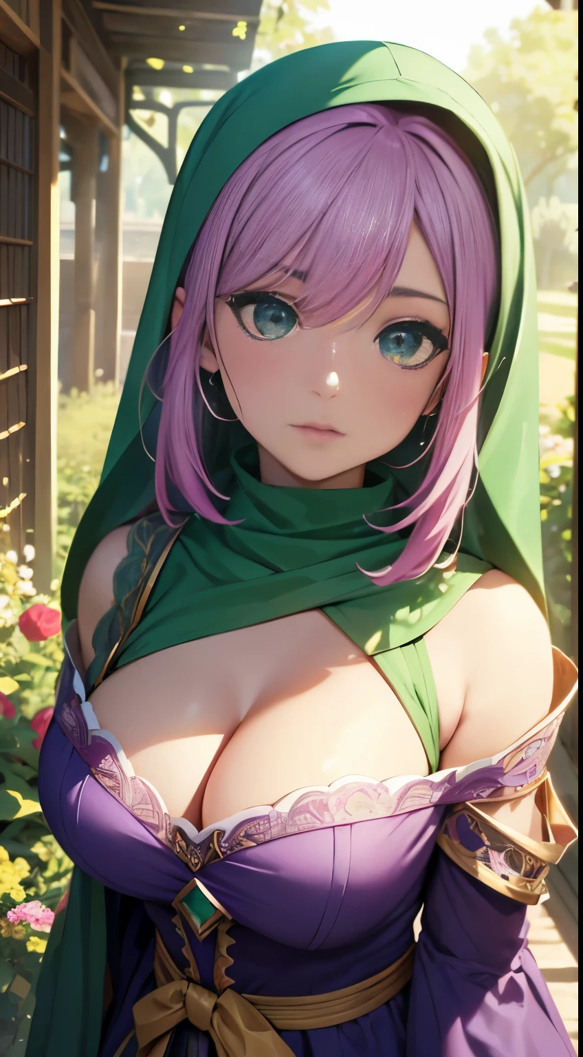 cleavage, (best quality,4k,8k,Altas,master part:1.2),ultra-detalhado,Realistic,Beautiful girl,hijabi,vestido verde,Olhos detalhados, Detailed lips,Rosto extremamente detalhado,long eyeslashes,fundo do jardim,cores laranja,cores verdes claras,cores roxas,lilac colors,cores amarelas,cores azuis claras.