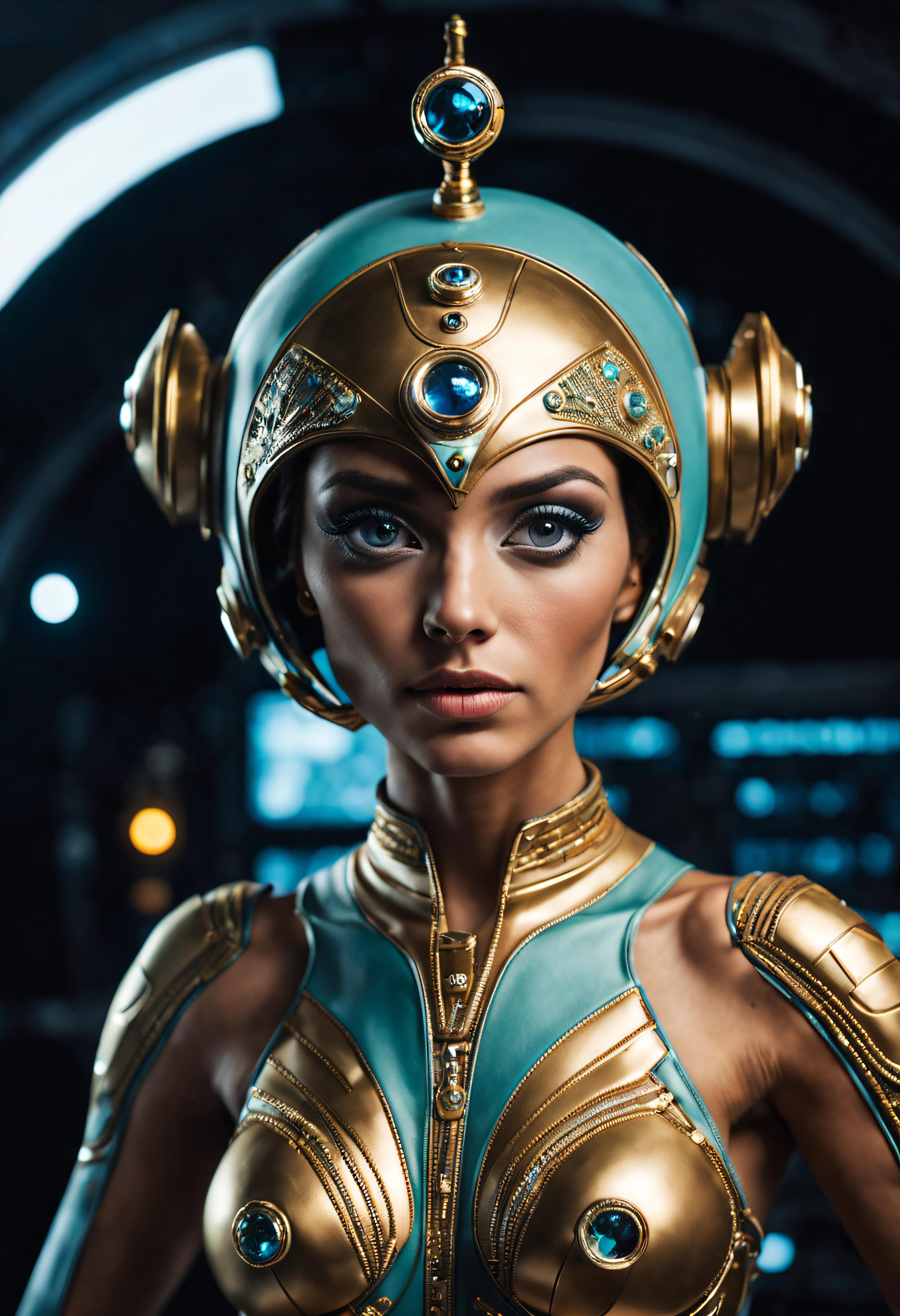 Woman in an elegant headdress, resembling a crown.
full height, with smooth and feminine shapes.
A face with a mysterious smile, glowing lines on the skin.
Translucent suit with metallic inserts, form-fitting and flattering.
Background: space landscape or the inside of a spaceship.
confident look.
