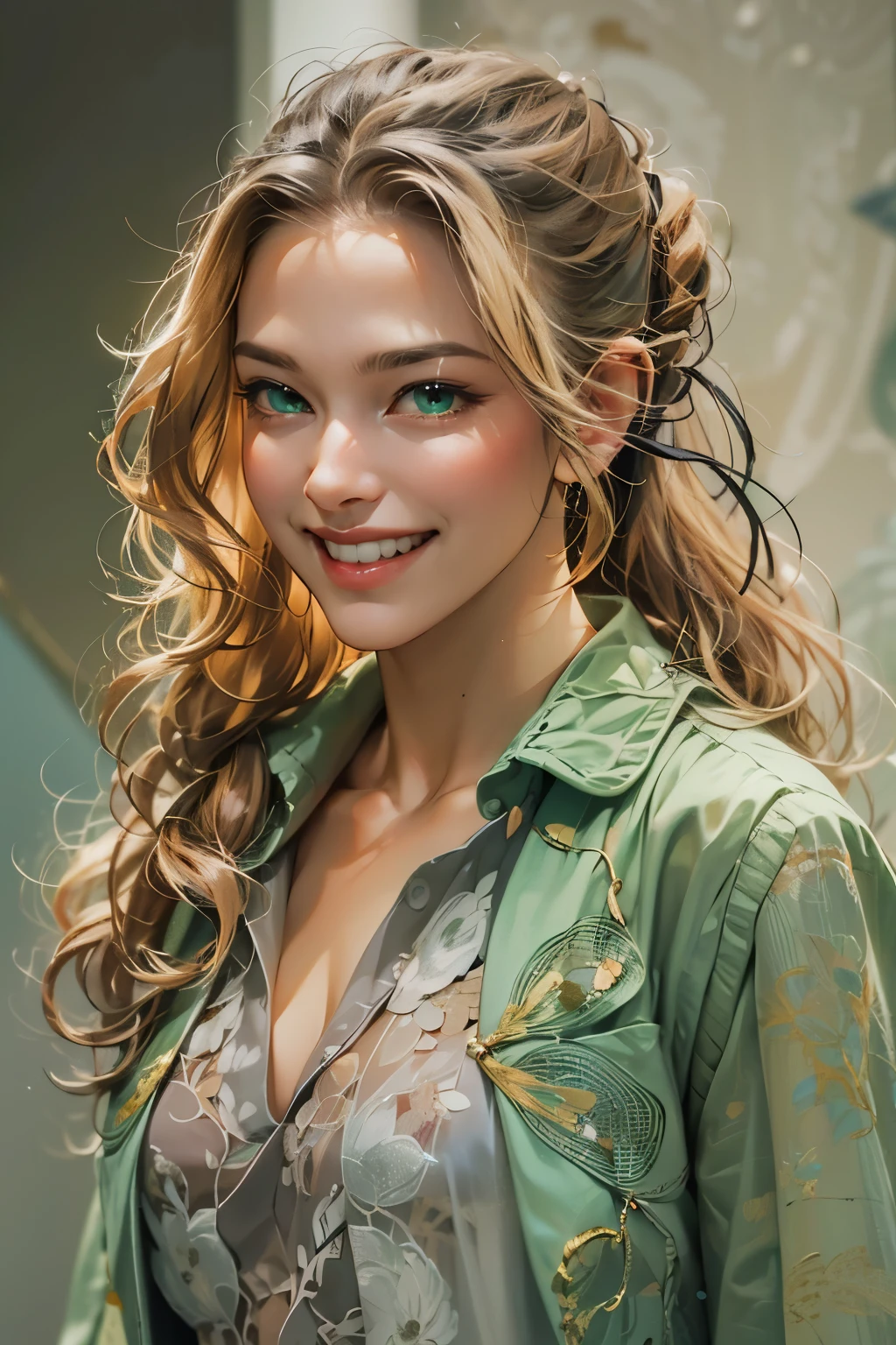 Female((30-years old)), hair((Wavy, Golden brown)), Eyes((smart Eyes, Green)), Clothes((New York Fashion Week, light Green)),  Smiling, Breast Out, Ponytail, Accessories,
