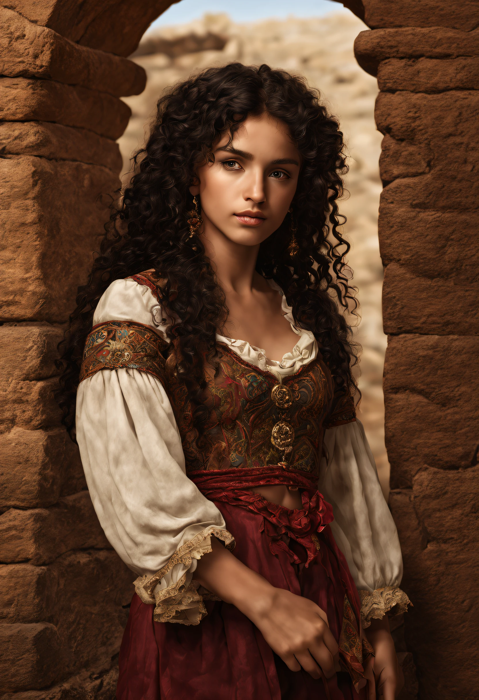 Chica medieval hispana, gitano, Ropa de vagabundo, cabello rizado oscuro, intrincado, Obra maestra, joven, adolescente, Fotorrealista