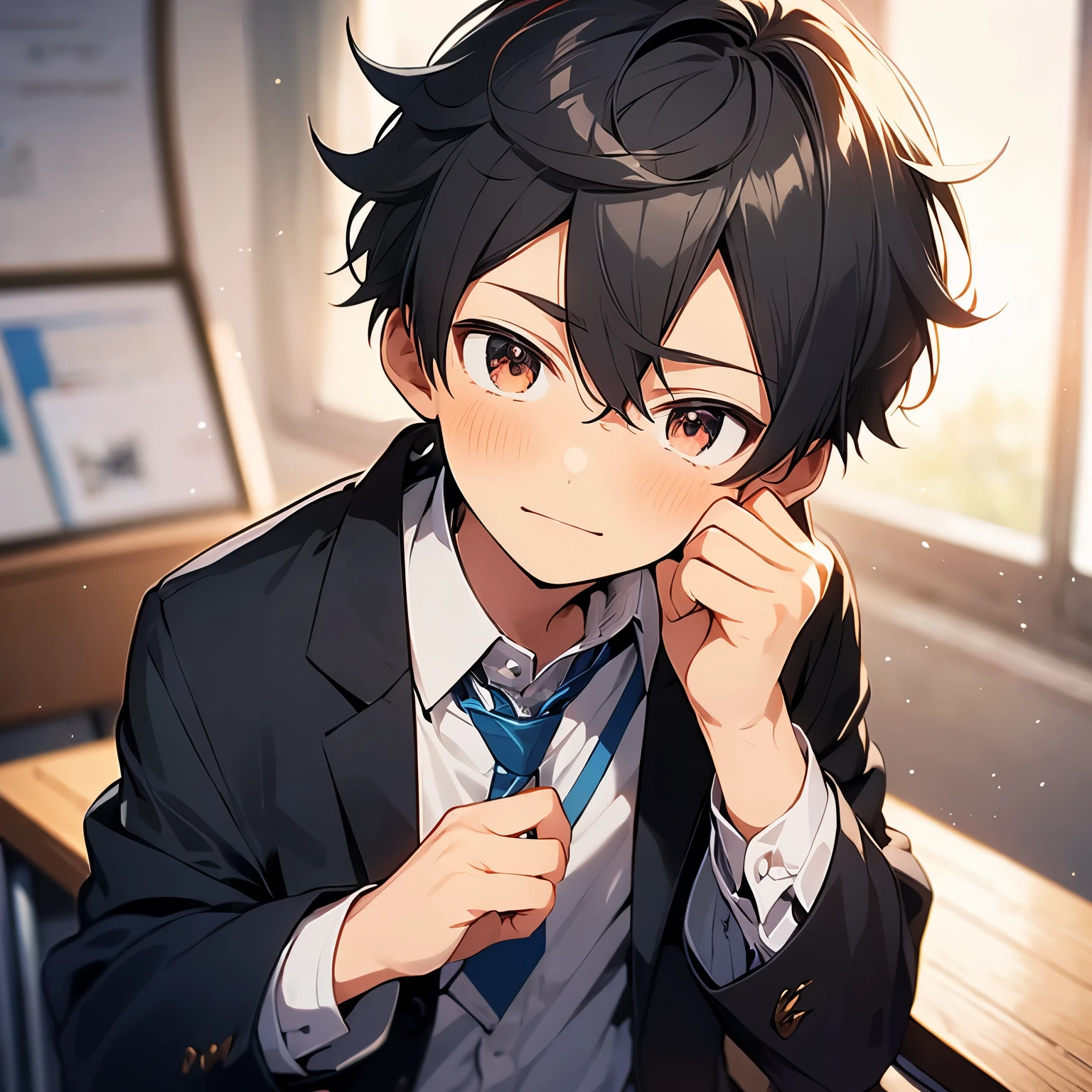 A lovely Shota，boy，School Uniform，Holding his left cheek with one hand