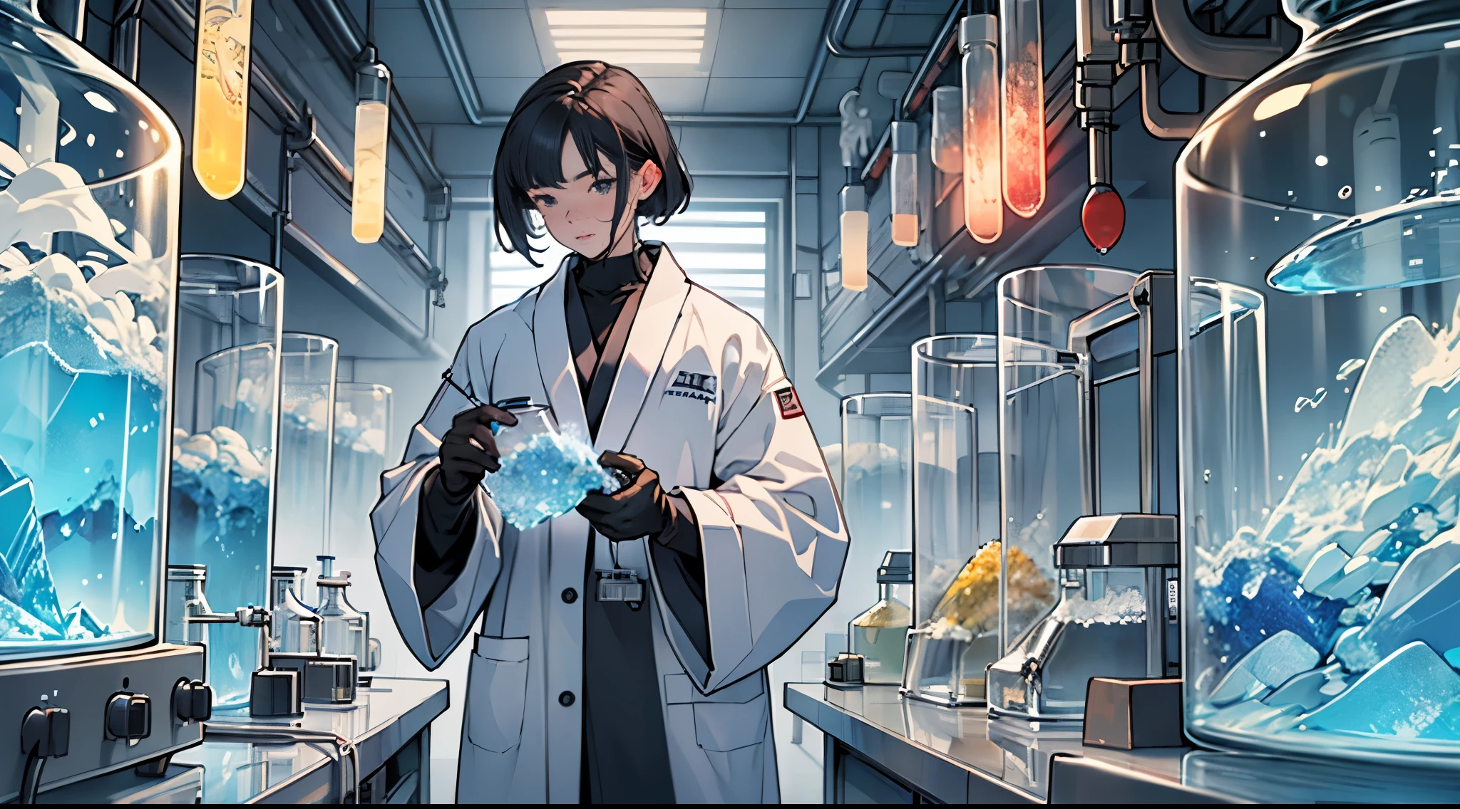 Girl with a dark bob in a robe, Scientist in a white lab coat stands in front of laboratory equipment, holding in his hands a small bag of shimmering blue sea crystals., laboratory, filled with tubes, bottles, and equipment , Best Quality, Masterpiece, super detaill, High Details, (superb quality)