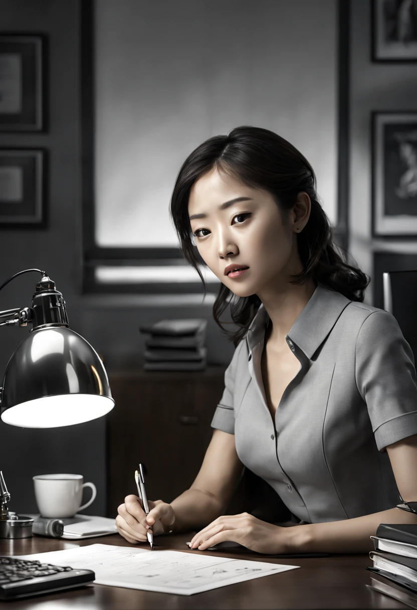 Capture the ethereal of light and shadow in a stunning monochromatic photograph with selective color details of desk lamp, revealing the hidden poetry of Asian office lady with shoulder_length_cut sorting desk files, computer, (realistic, photorealistic, RAWphoto:1.4), octane render, (best quality, masterpiece, Representative work, official art, Professional, unity 8k wallpaper:1.3)
