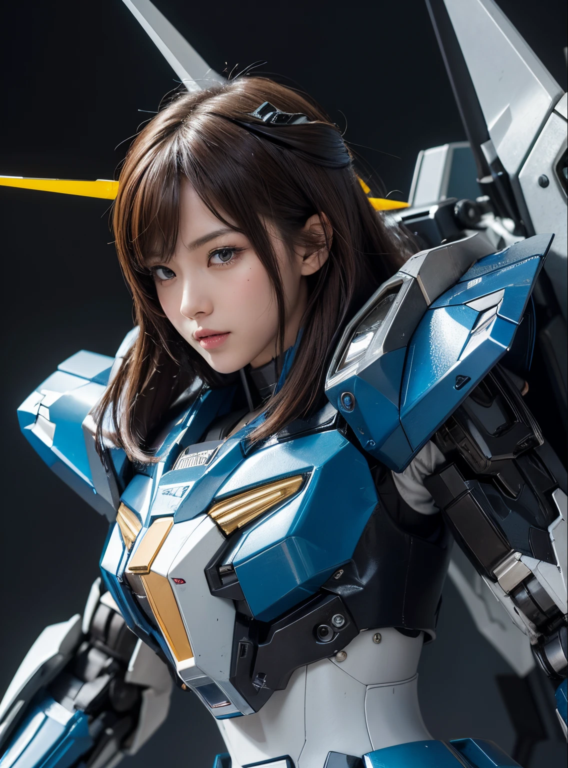 Textured skin, Super Detail, high details, High quality, Best Quality, hight resolution, 1080p, hard disk, Beautiful,(Gundam),beautiful cyborg woman,Mecha Cyborg Girl,Battle Mode,Girl with a Mecha Body,彼女は未来的なGundamメカを身に着けています,Fulll body Shot