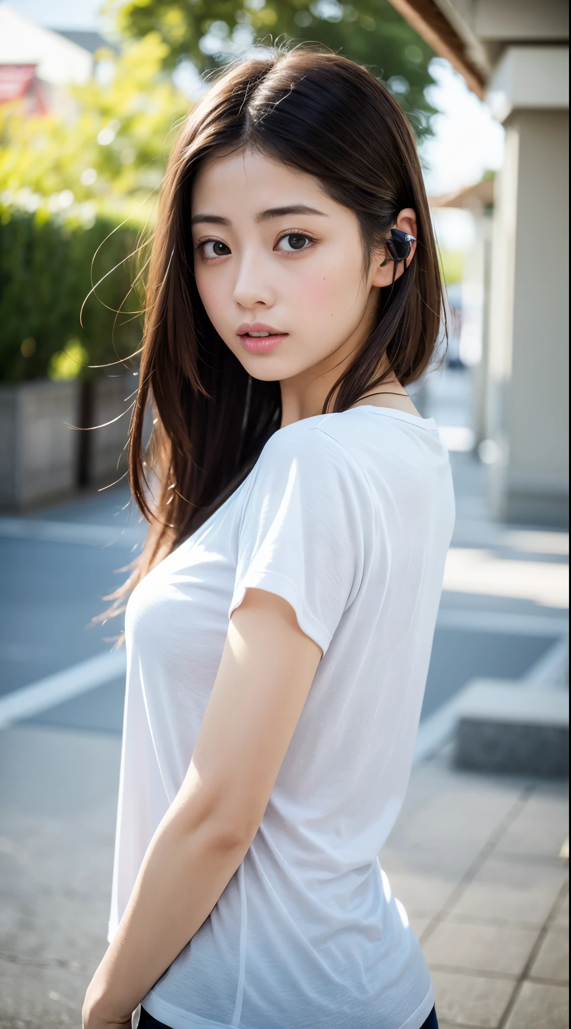 Realistic),(High resolution close up), , ultra high density skin, Beautiful lightning, Awards - Winning Photos,、15歳の日本の女子高生flat chest、、(beautiful medium-sized breasts:)Beautiful Eyes、Clear Eyes、Show your boobs、 (Very few、flat、Denim pants、((White shortsTPut on a shirt))、Semi-long hair、on the road、Show your 、