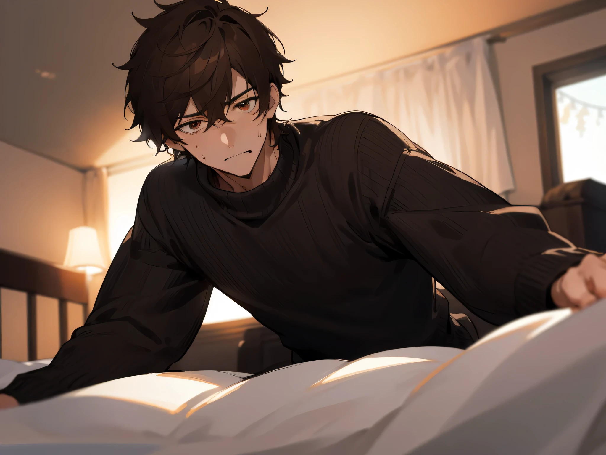 Upper body,close up,(absurderes、hight resolution、ultra-detailliert)、Sweating,Impatient expression,1 male、a handsome、Angle from below,ムラムラ,Push your audience down,Dynamic Angle,tall muscular man、Black sweater,extra very short hair、Brown hair、eyes are brown,Background Hotel,a bed,