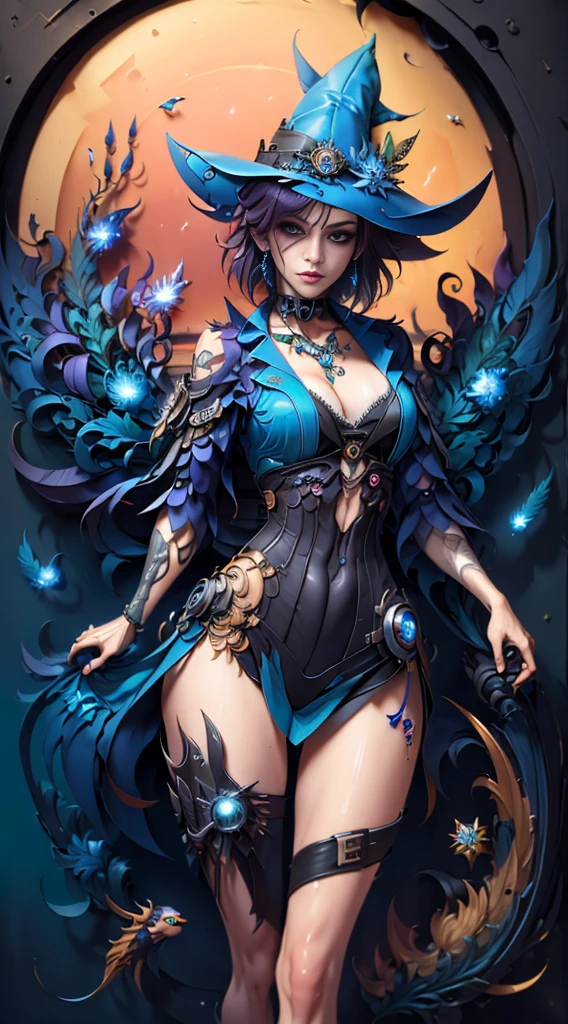 Woman with blue hair and colorful feathers, colorful digital fantasy art, colorful digital art, fantasy art style, beautiful digital artwork, 4K highly detailed digital art, peeking breasts, big eyes, light smile, 8k, very fine face, delicate lips, delicate eyes, double eyelids, long and slender legs