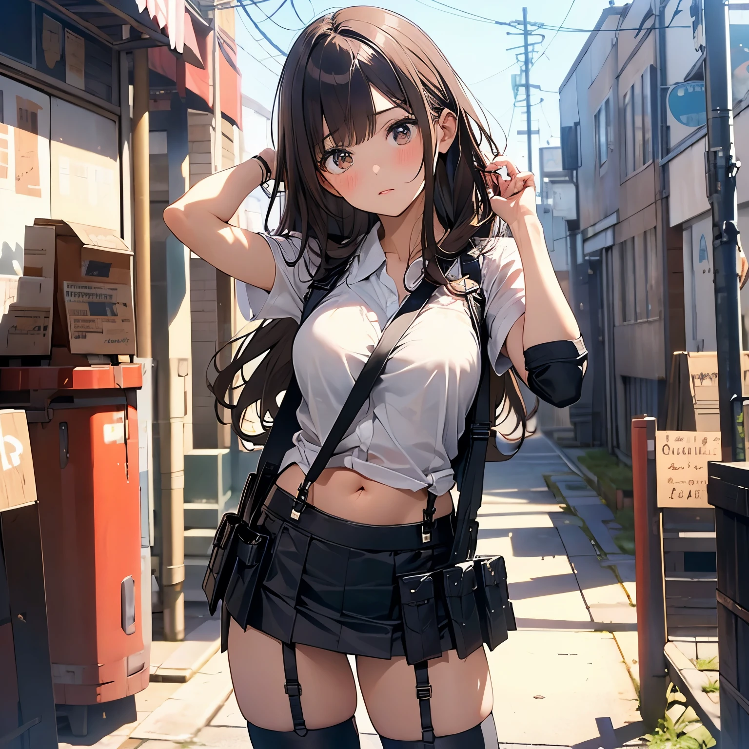 Brown hair、watching at viewers black suspenders Bulging big breasts walls: Black miniskirt garters Gaze Small face bangss holster Beautuful Women hands up レッグholster ベッドに横たわる Gaze black boots panty shot provocation flank flank汗 soio arm