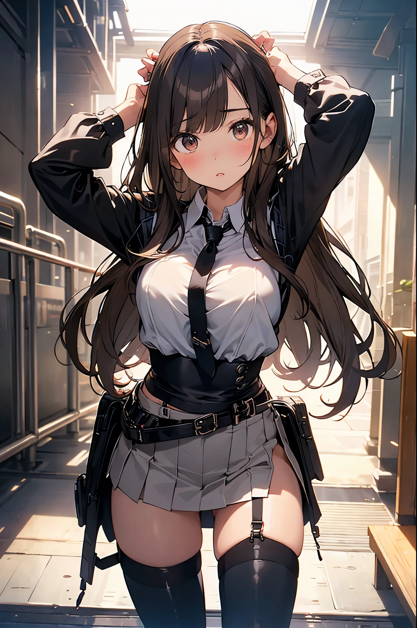 Brown hair、watching at viewers　　　black suspenders　　　Bulging big breasts　　 　 　　　walls: 　Black miniskirt　garters　　　　　　Gaze　　　Small face　bangss 　　　holster　　　Beautuful Women　　hands up　　レッグholster ベッドに横たわる　　Gaze 　black boots panty shot　provocation　flank　flank汗　soio 　arm