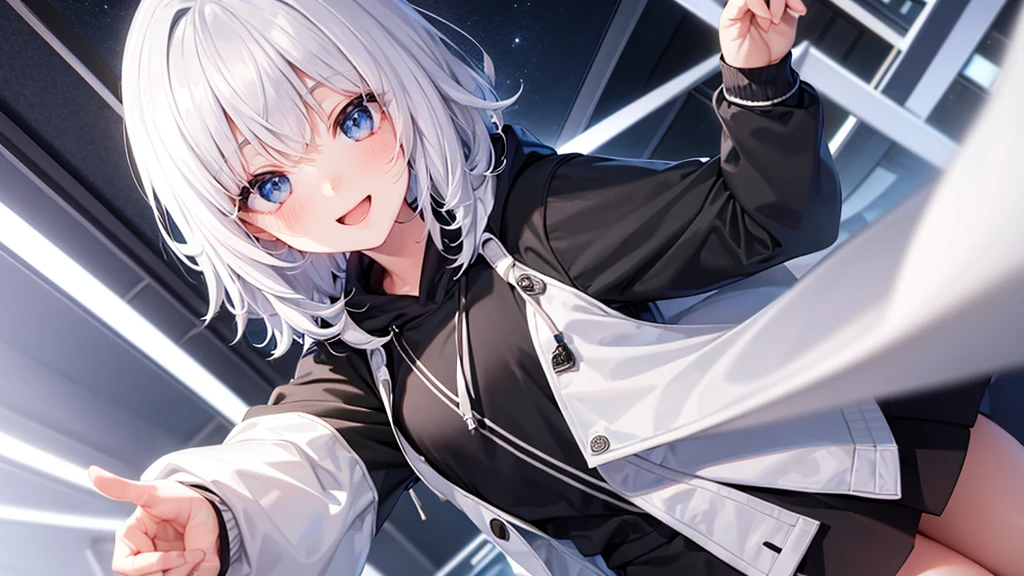 Ultra-high image quality,Look at viewers, hands behind back, girl with, 20 years old, Very short hair, long bangs between eyes, blue eyess,Black eyes, Hoodie, Skirt , Extremely detailed,(masterpiece、top-quality),White hair、A smile、Fantastical, Silver hair,, Hoodie, White hoodie,a black skirt,Hair is short,White jacket, Casual style,Open jacket, Cowboy Shot、Fluttering hair、a small face、Bright smile、(Detailed face) ,profetional lighting, look down from above、open open mouth、5 fingers、inside in room、sleeps in a bed、