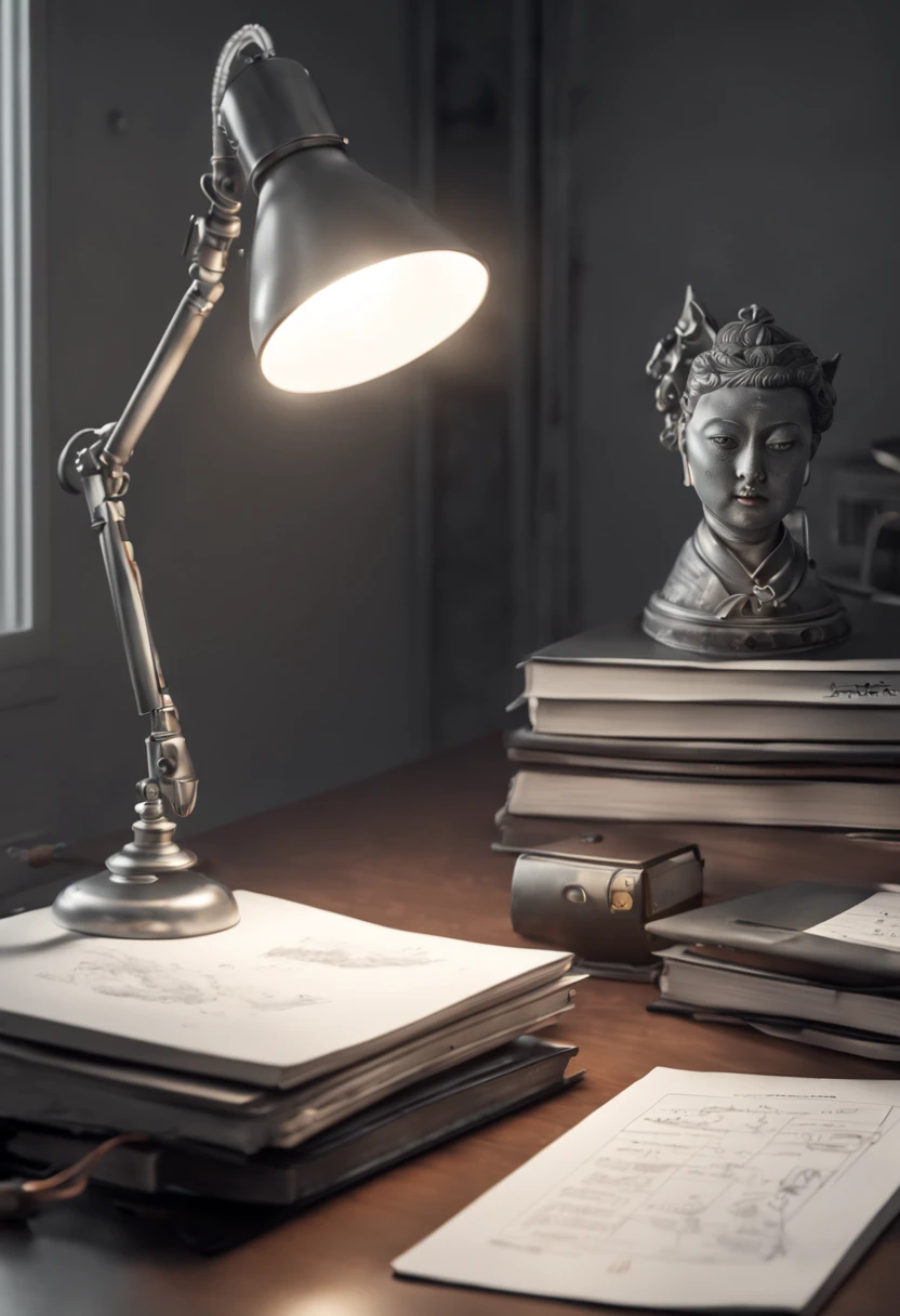 Capture the ethereal of light and shadow in a stunning monochromatic photograph with selective color details of desk lamp, revealing the hidden poetry of Asian office lady with bout sorting desk files, computer, (realistic, photorealistic, RAWphoto:1.4), octane render, (best quality, masterpiece, Representative work, official art, Professional, unity 8k wallpaper:1.3)