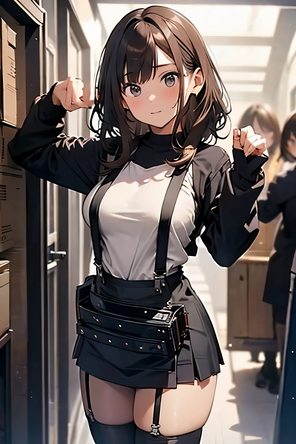 Brown hair、watching at viewers　　　black suspenders　　　Bulging big breasts　　 　 　　　walls: 　Black miniskirt　garters　　　　　　Gaze　　　Small face　bangss 　　　holster　　　Beautuful Women　　hands up　　レッグholster ベッドに横たわる　　Gaze 　black boots panty shot　provocation　flank　flank汗　soio 　arm