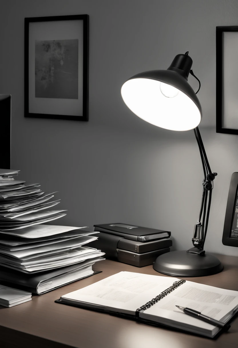 Capture the ethereal of light and shadow in a stunning monochromatic photograph with selective color details of desk lamp, revealing the hidden poetry of Asian office lady with bout sorting desk files, computer, (realistic, photorealistic, RAWphoto:1.4), octane render, (best quality, masterpiece, Representative work, official art, Professional, unity 8k wallpaper:1.3)