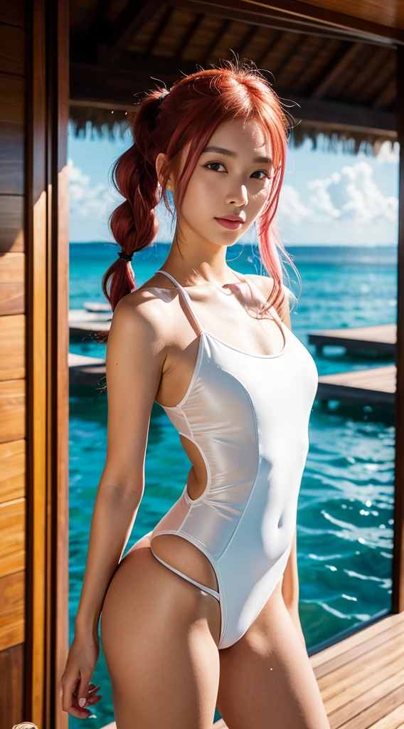 (best quality, masterpiece:1.2), photorealistic, ultra high res, Exquisite details and textures, ambient lighting, sidelighting, 1 girl standing, solo, perfect body, detailed face, focus on face, slim body, one-piece, swimwear, arm straps, arm rings, look at viewer, pigtails, braid tails, (pink hair, [red:orange:0.5]hair), (perfect glossy skin), (shiny oiled skin), shiny hair, Maldives resort, water bungalow, yacht, yacht club, clear sea, reflection, natural lighting, photon mapping, radiosity,
