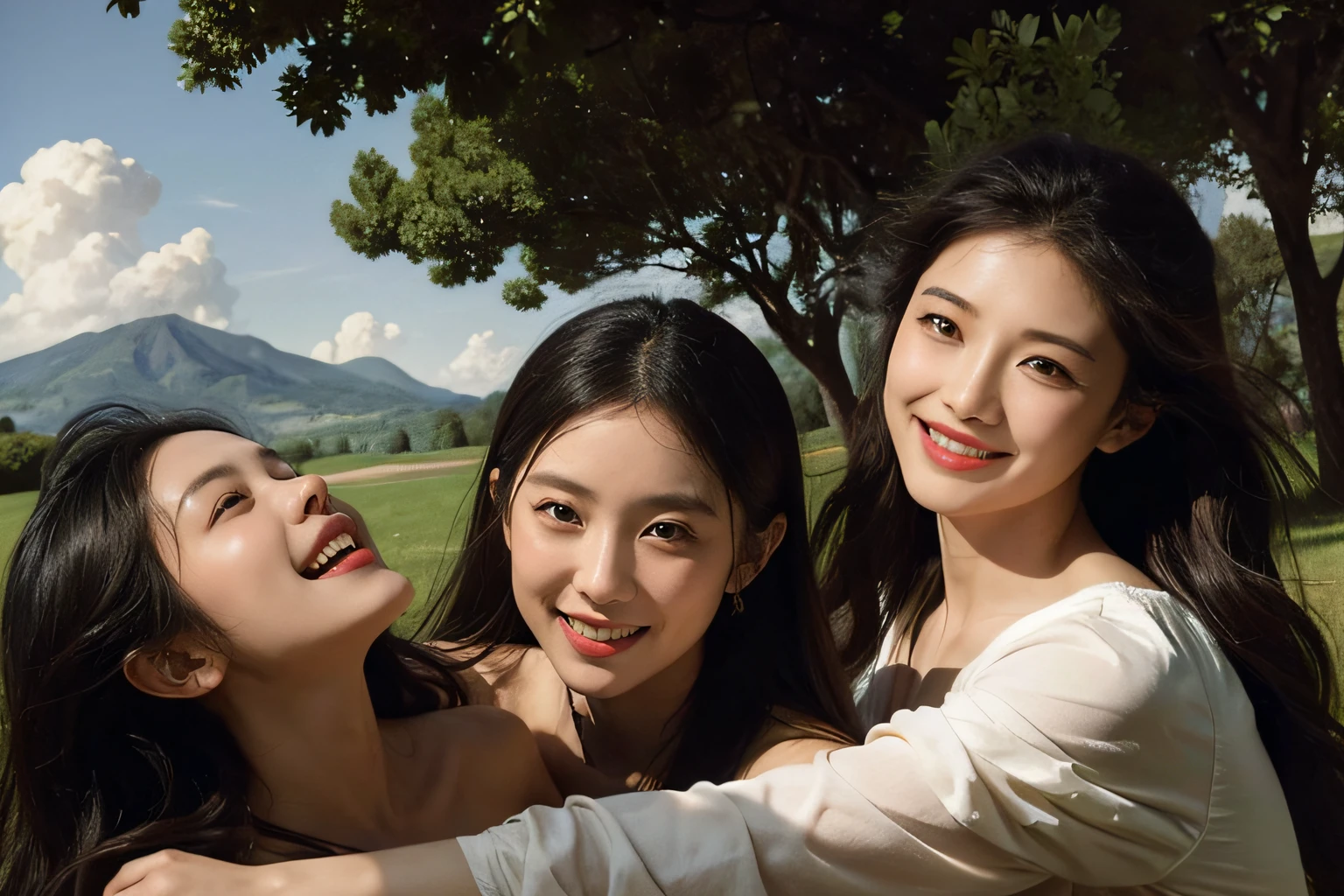 Poussin-style landscape,A smile,,Sweet and seductive appearance.、Caravaggio's paintings、Chiaroscuro of Caravaggio、Hair disheveled in the wind,Two women frolicking,Cute smile, Expression of ecstasy,A sexy,erotick