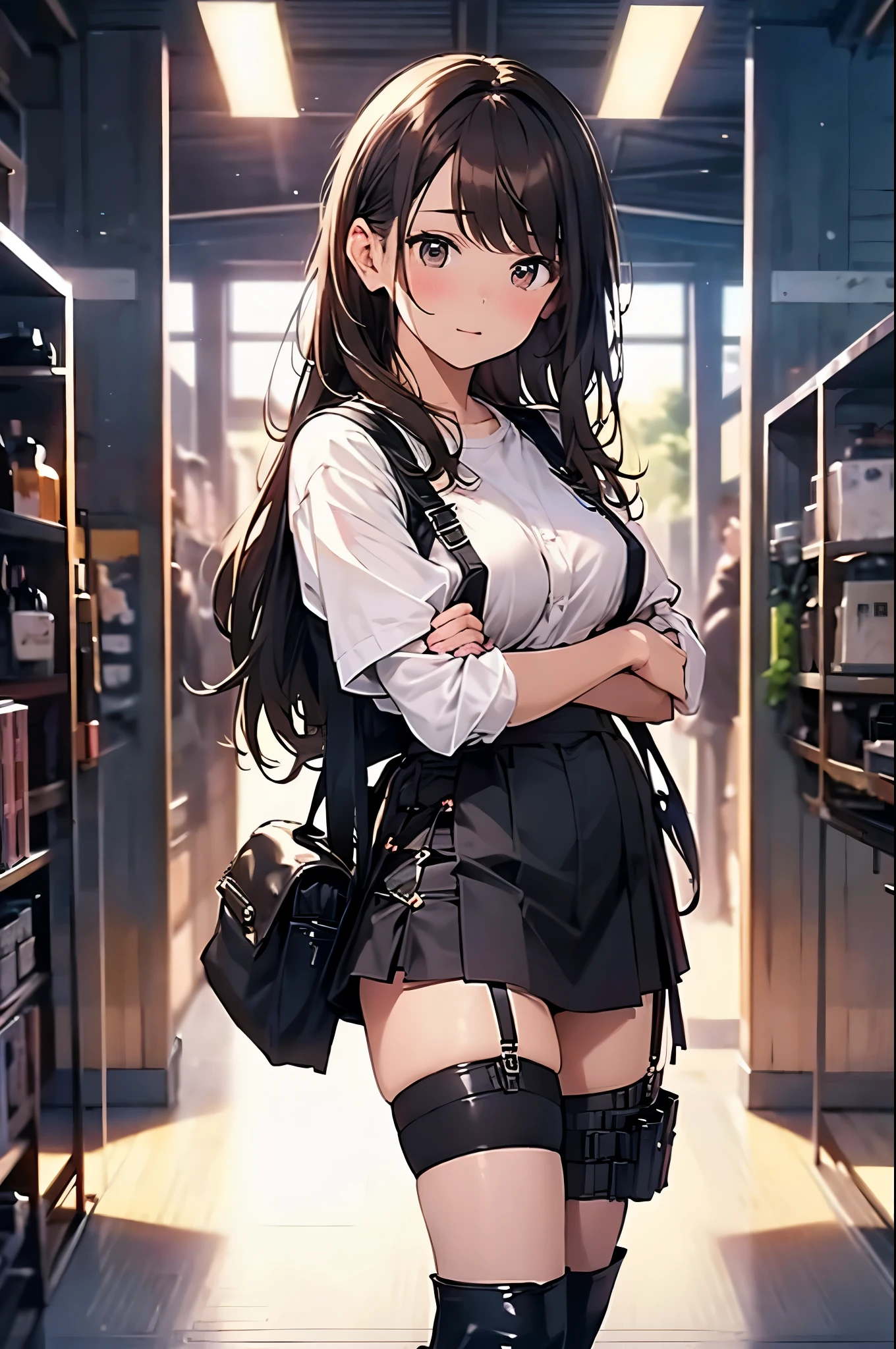 Brown hair、watching at viewers　　　black suspenders　　　Bulging big breasts　　 　 　　　walls: 　Black miniskirt　garters　　　　　　Gaze　　　Small face　bangss 　　　holster　　　Beautuful Women　　hands up　　レッグholster ベッドに横たわる　　Gaze 　black boots panty shot　provocation　flank　flank汗　soio 　arm