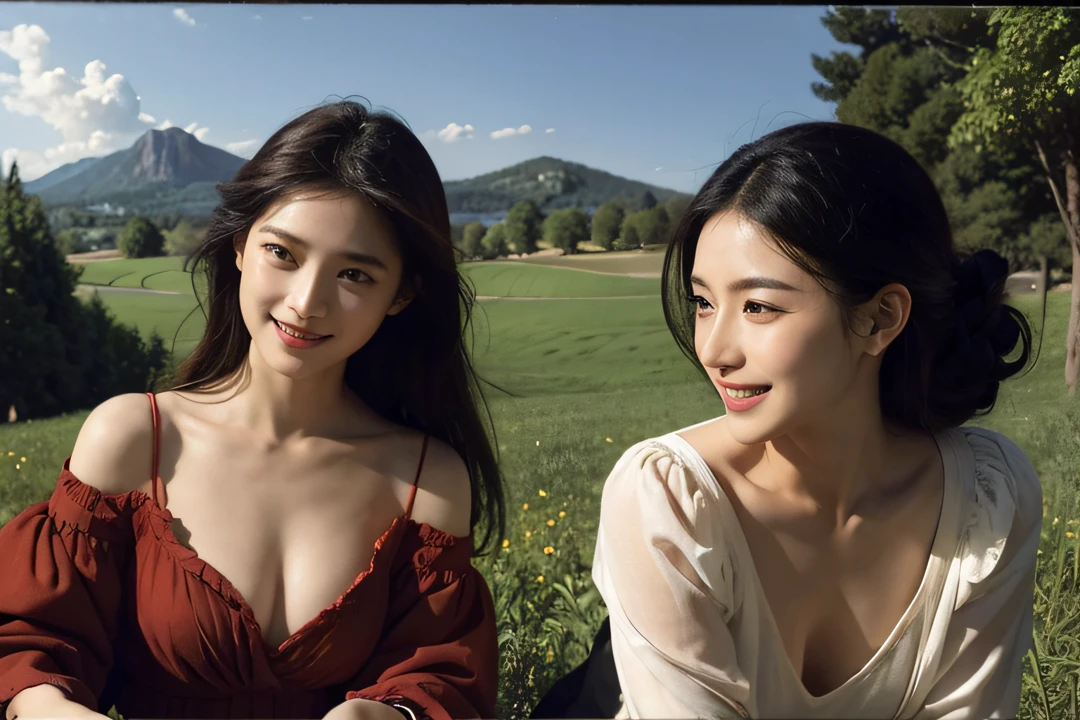 Poussin-style landscape,A smile,,Sweet and seductive appearance.、Caravaggio's paintings、Chiaroscuro of Caravaggio、Hair disheveled in the wind,Two women frolicking,Cute smile, Expression of ecstasy,A sexy,erotick